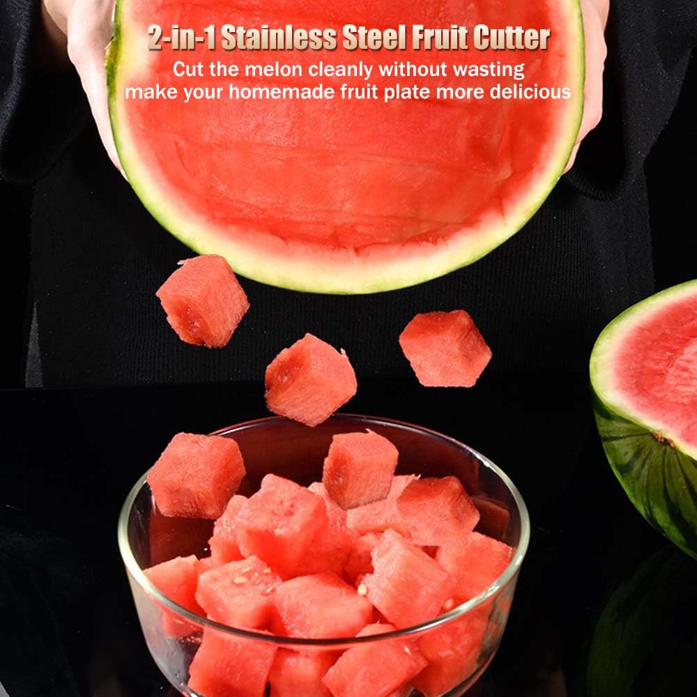 2024 New 2-in-1 Stainless Steel Fruit Cutter - Dual Head Watermelon Slicer & Fork Tool Set (2Pcs) - Perfect for Picnics, BBQs, and Summer Fruit Parties