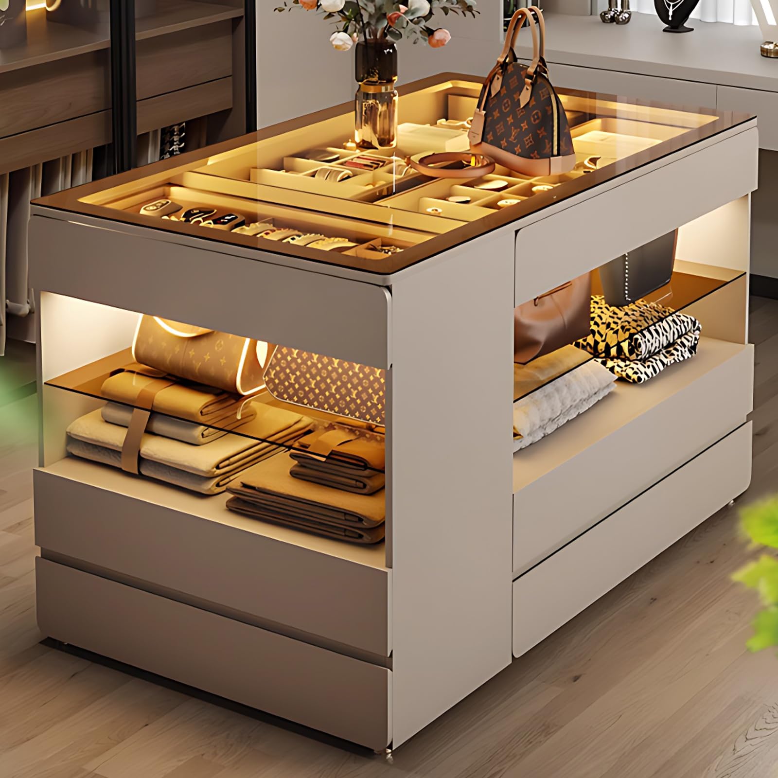 Luxury Armoire Bedroom Island with Spacious Transparent Storage & Jewelry Organizer - Glass Top Dressing Table with LED Mood Lighting, Removable Closet Island & Multi-Drawer Design (47.24 Inch) - Perfect for Master Bedroom, Walk-in Closet & Vanity Dressing Area