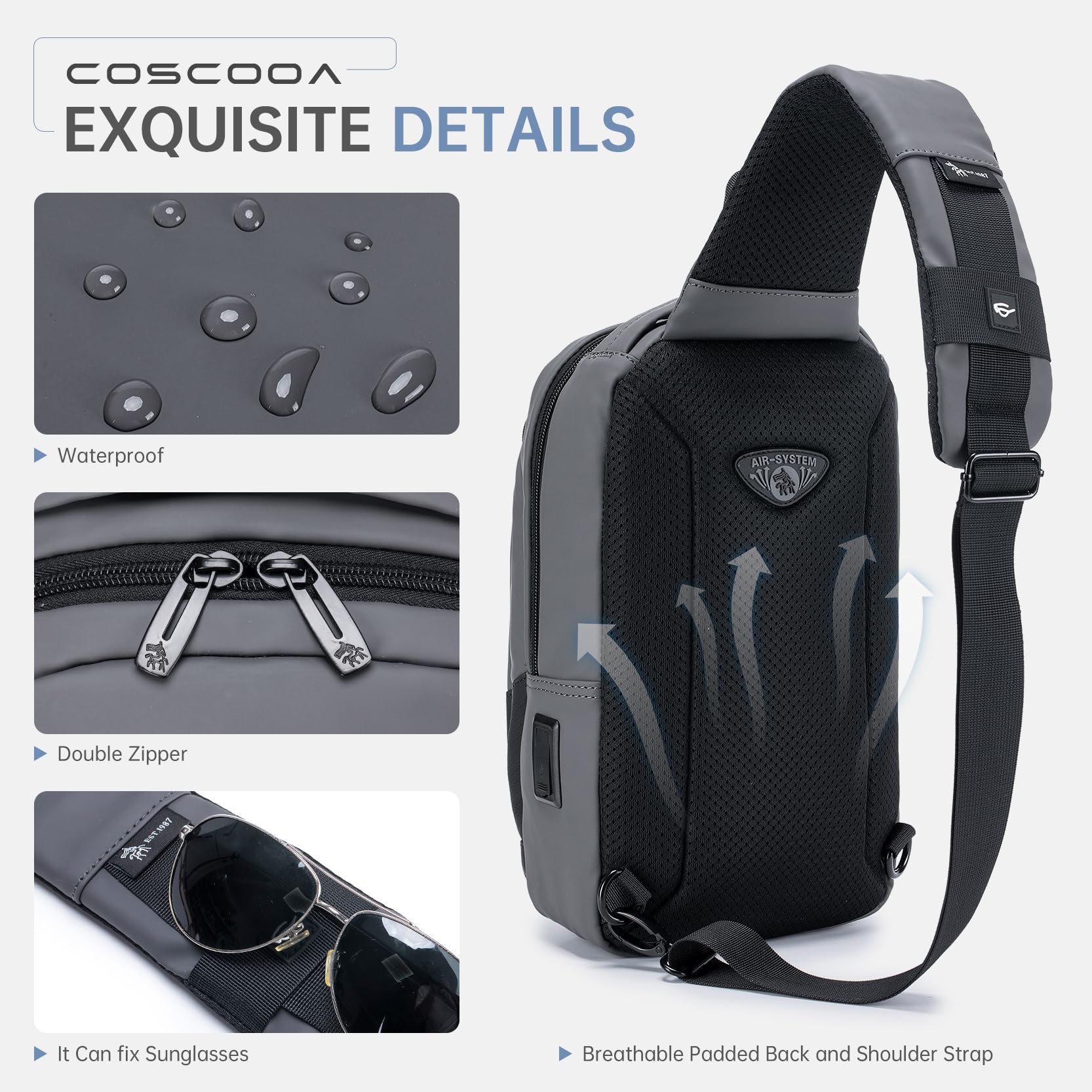 Anti-Theft Sling Bag for Women & Men - Crossbody Chest Backpack with USB Charging Port - PU Leather Shoulder Daypack for Travel, Outdoor, Sports & Casual Use