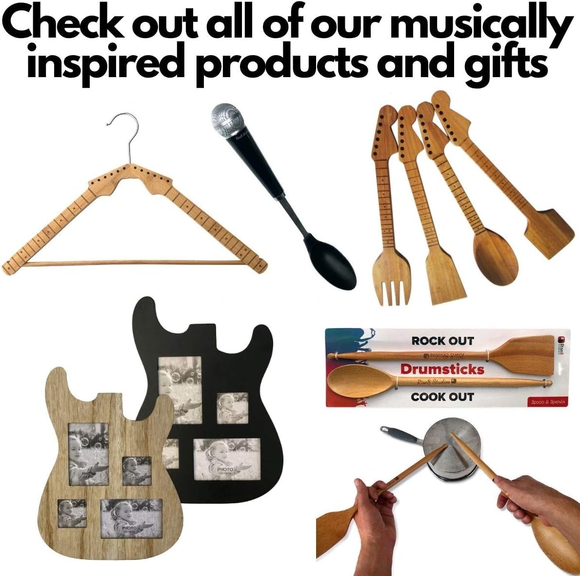 Bamboo Guitar Neck Shaped Kitchen Utensil Set - 4-Piece Cooking Tools (Spoon, Spatula, Salad Fork) - Perfect Musician Gift for Baking, Cooking & Serving - Ideal for Home Chefs & Music Lovers