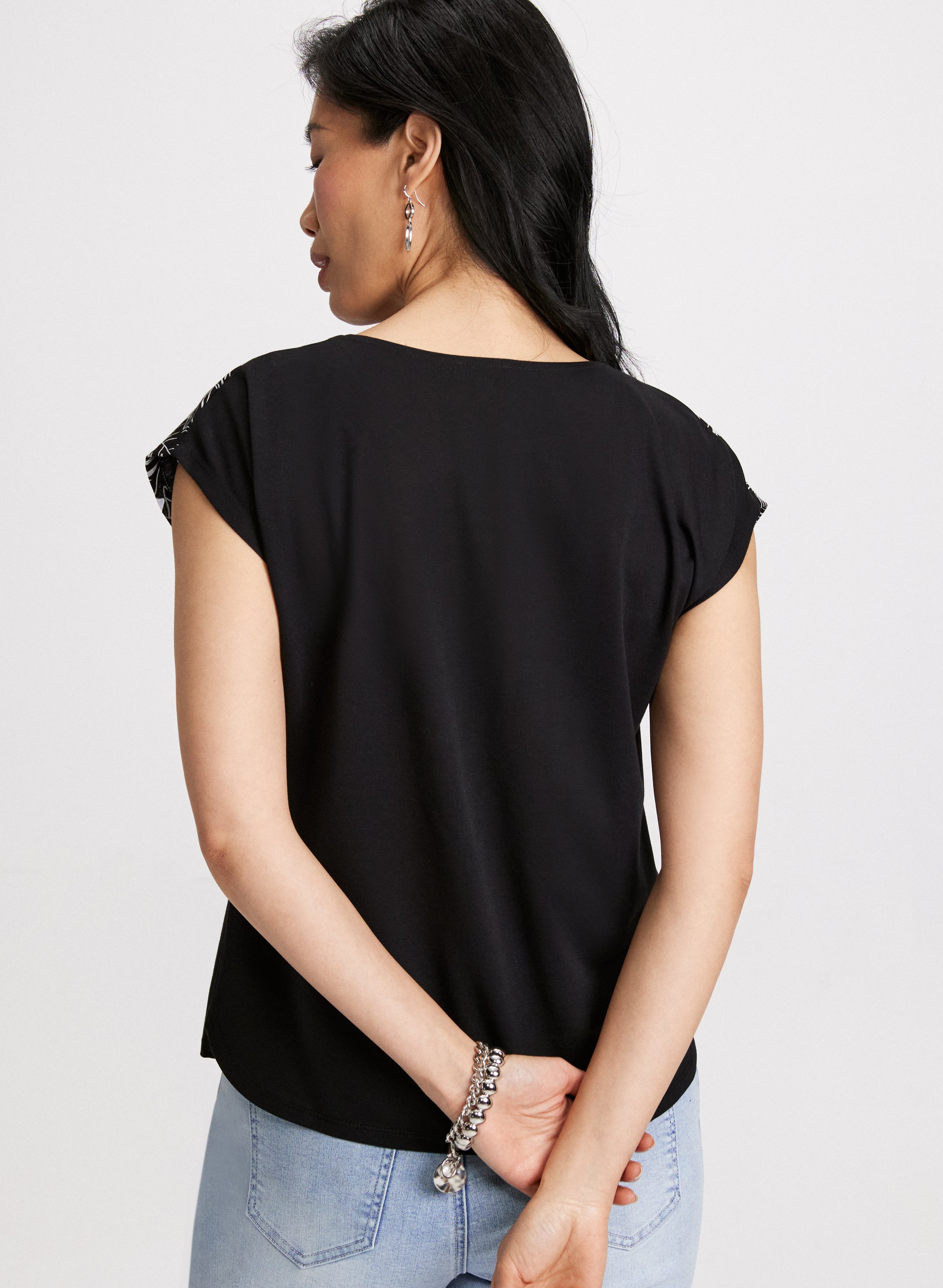 Floral Trim Burnout T-Shirt - Women's Fashion Casual Top for Summer Outfits & Boho Style | Perfect for Beach, Music Festivals & Everyday Wear