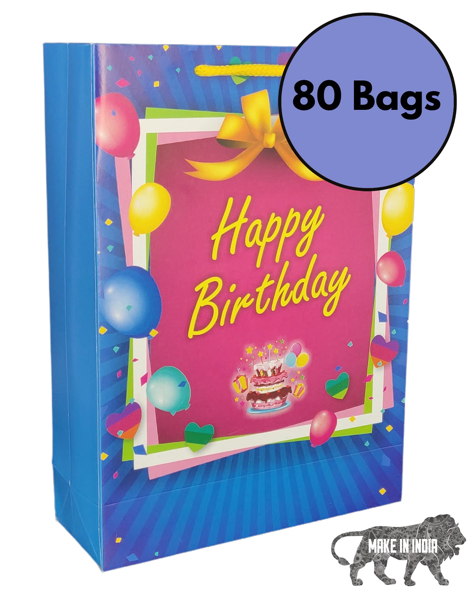 Happy Birthday Paper Gift Bags - 80 Pack Small Present Bags for Party Favors, Return Gifts (Blue & Pink, 8x3x11 Inches) - Perfect for Birthdays, Baby Showers & Celebrations