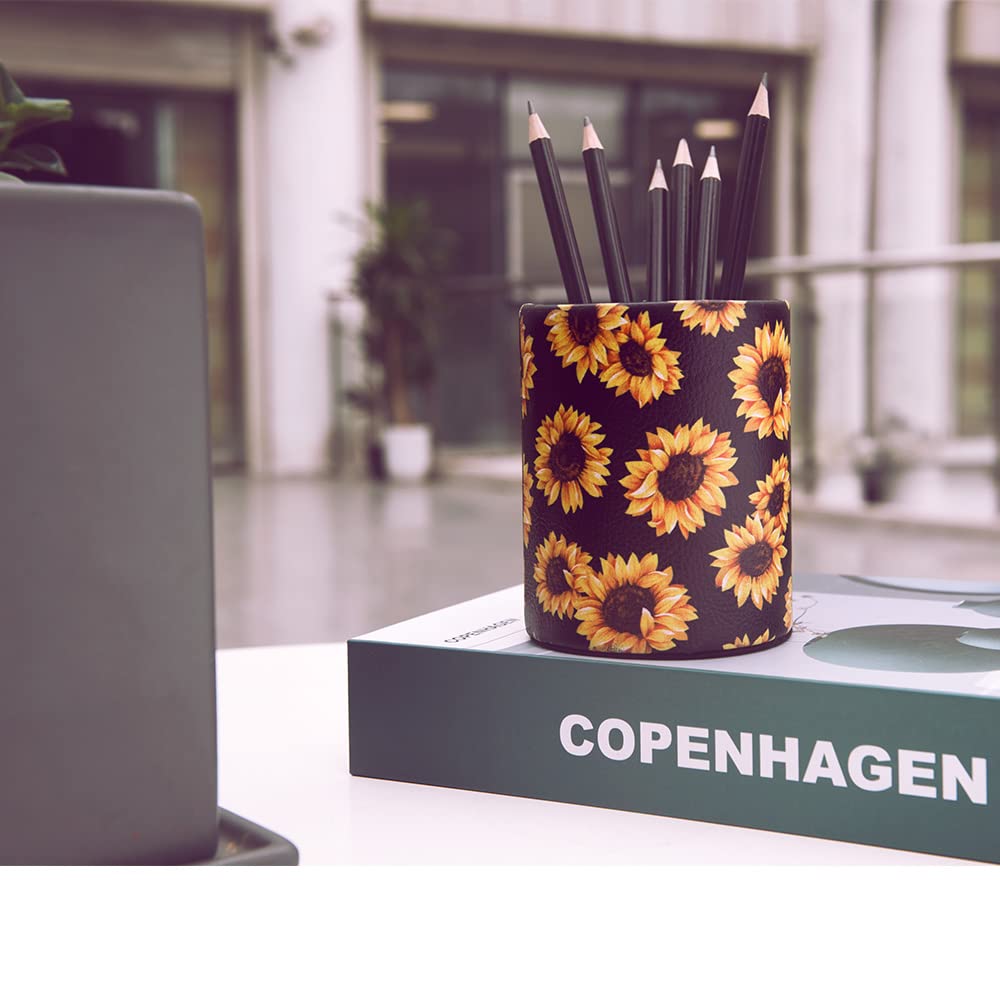 Sunflower Pen Holder & Pencil Organizer - Floral Desk Organizer for Women, Girls | Makeup Brush Holder | Perfect Gift for Office, Classroom, Home Decor (Black Sunflower Design) | Great for Workstations, Study Desks & Vanity Tables