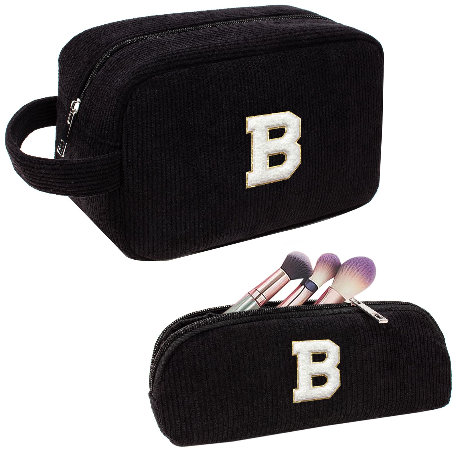 Personalized Initial Makeup Bag Set - Cute Travel Cosmetic Pouch for Purse & Gifts (Black) - Perfect for Mother's Day & Birthdays