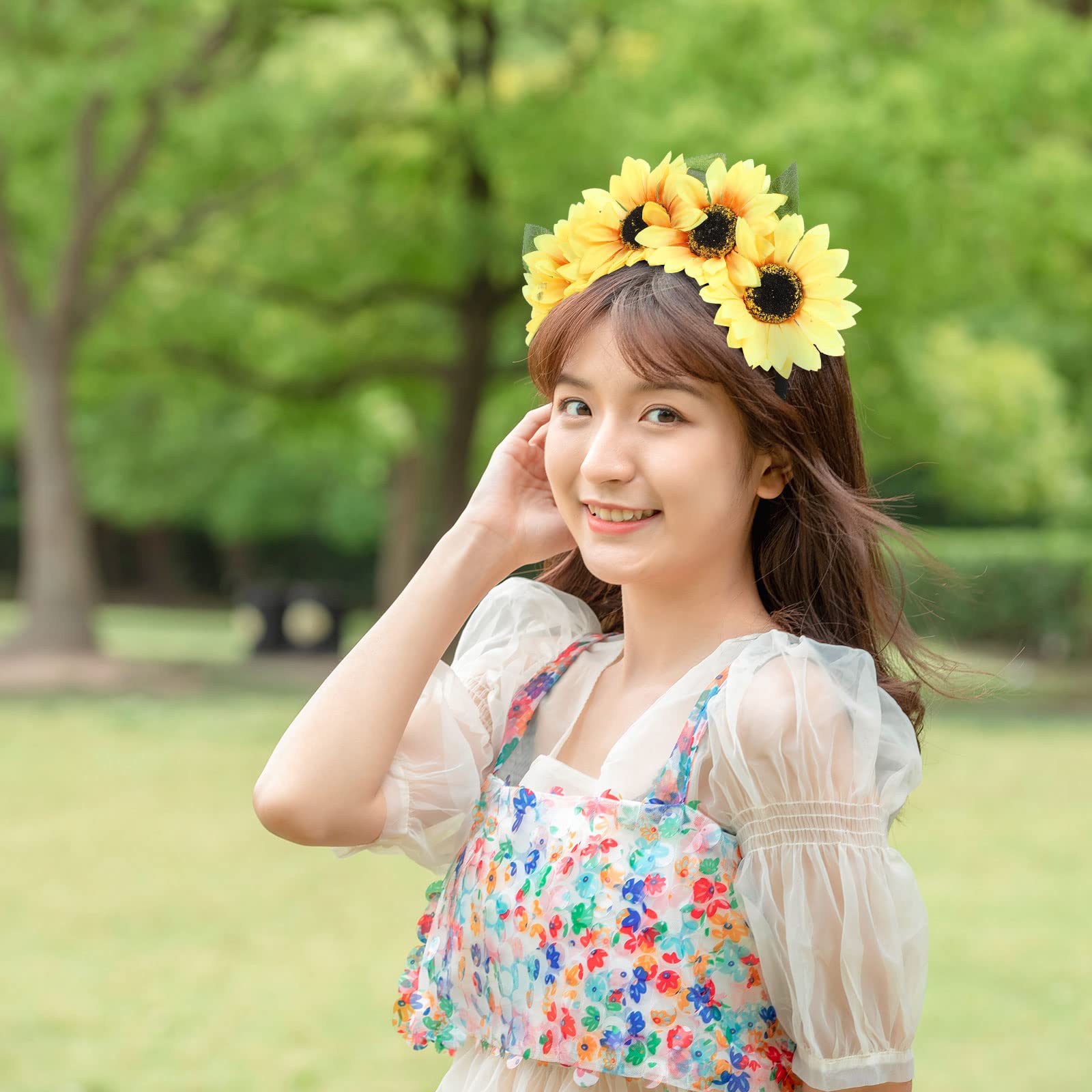 FOMIYES Sunflower Headband for Women - Floral Hair Hoop with Clips, Wedding Bridal Beach Hair Accessories - Perfect for Parties, Vacations & Boho Style Outfits