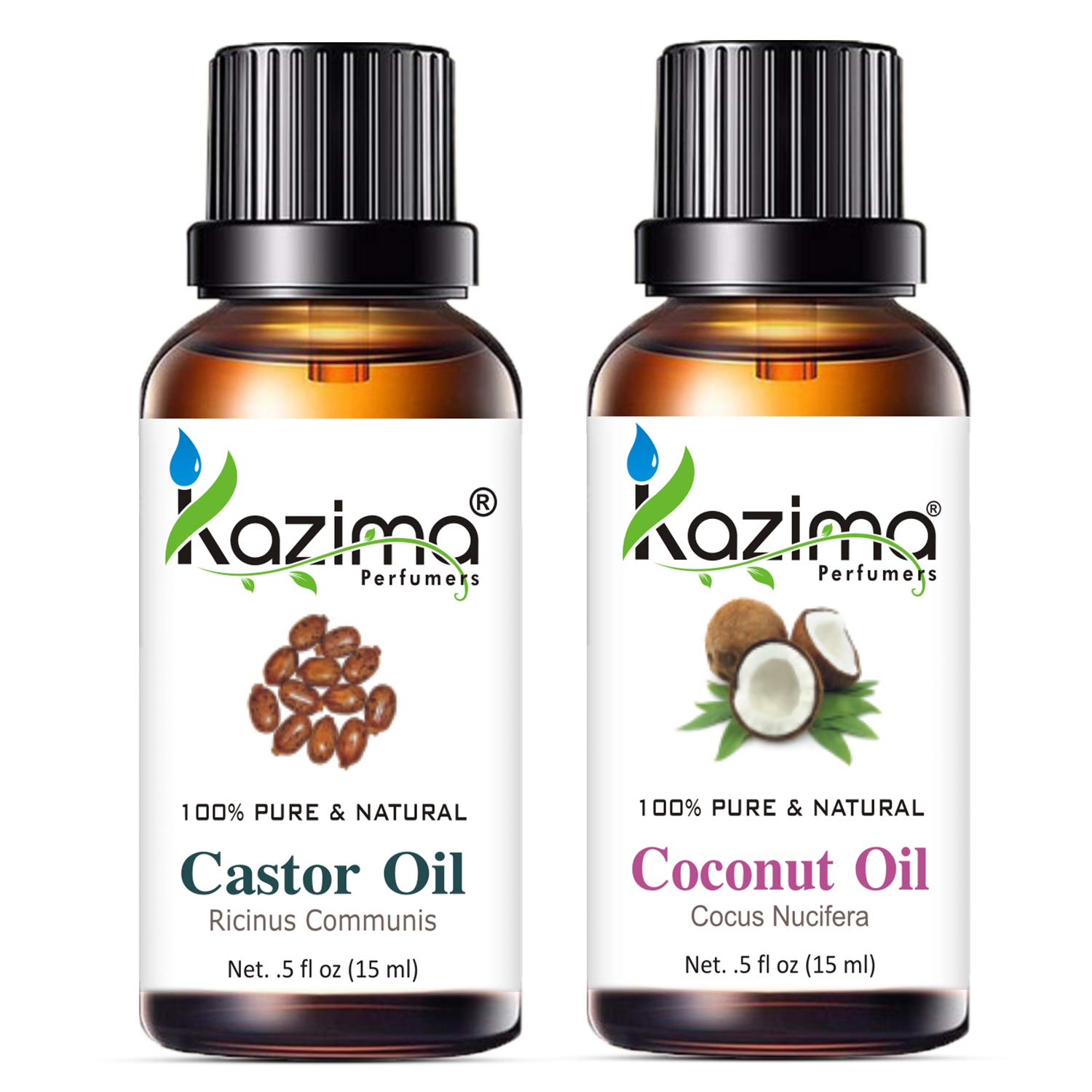 KAZIMA Cold Pressed Castor Oil & Coconut Oil Combo for Hair Growth, Skin Care & Body Moisturizing – 15ml Each | Natural Carrier Oils for DIY Beauty, Massage & Aromatherapy