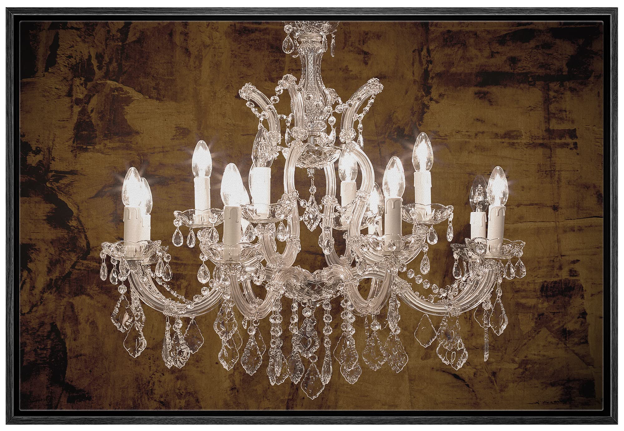 Wall26 Framed Canvas Print - Brown Grunge White Crystal Chandelier Wall Art | Modern Digital Art for Living Room, Bedroom, Office Decor | 24x36 Inch Black Frame | Perfect for Relaxing Spaces & Contemporary Home Décor