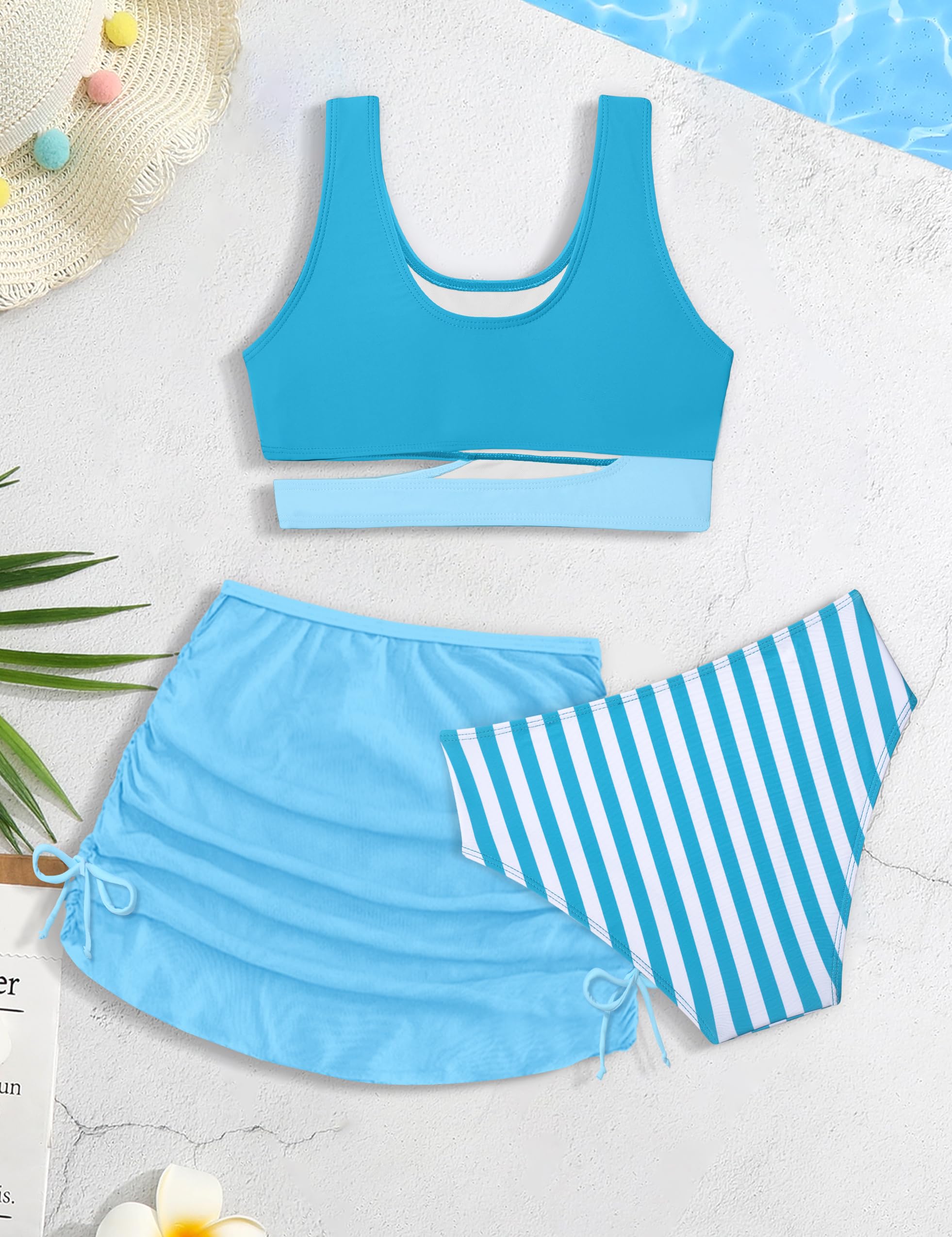 **Girls' 3-Piece Swimsuit Set - Striped Color Block Bikini with Sporty Swim Cover Up Skirt | Perfect for Beach, Pool & Summer Vacations**