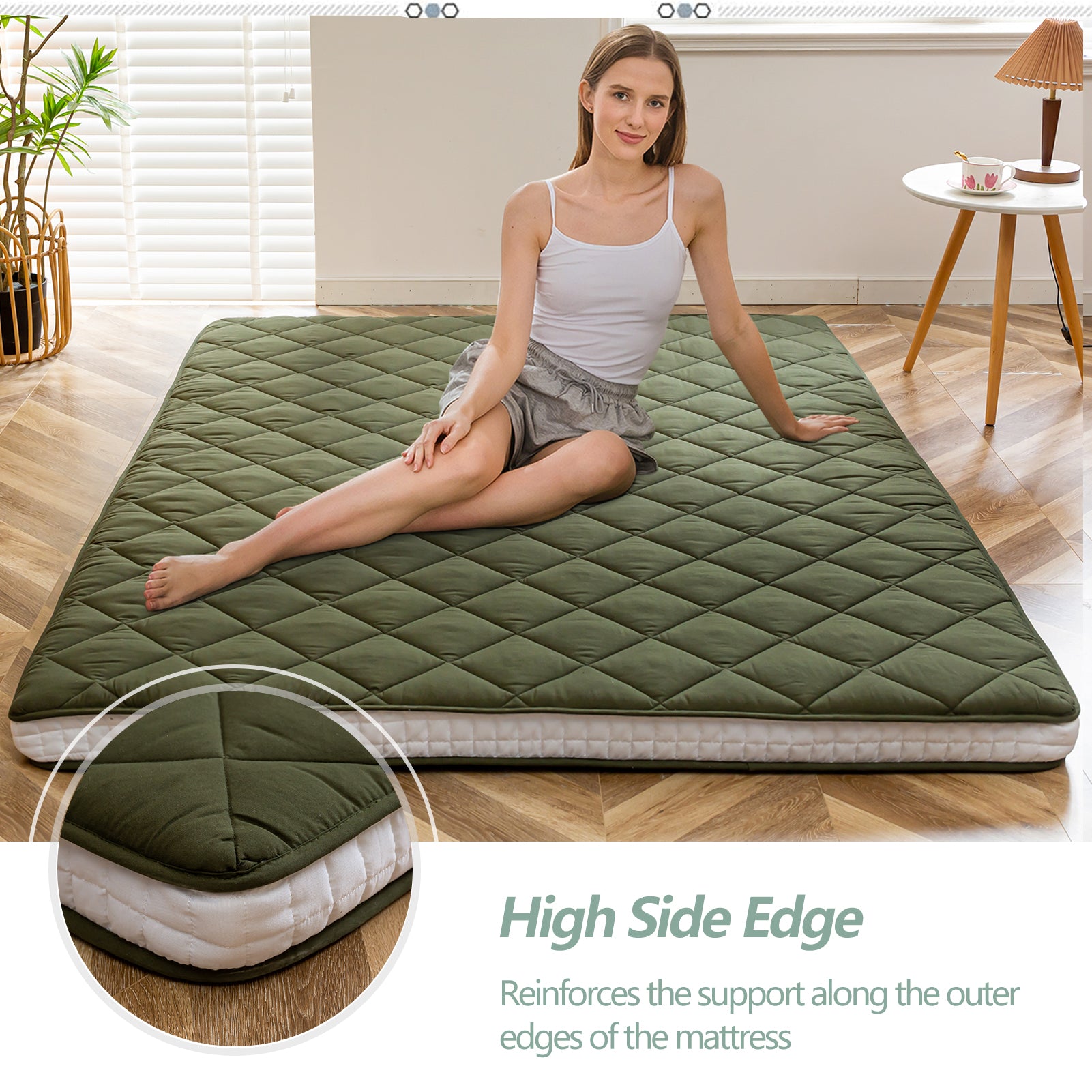 MAXYOYO Diamond Patterned Padded Japanese Floor Mattress - Extra Thick Quilted Mattress Topper in Green | Perfect for Guest Beds, Meditation & Small Spaces