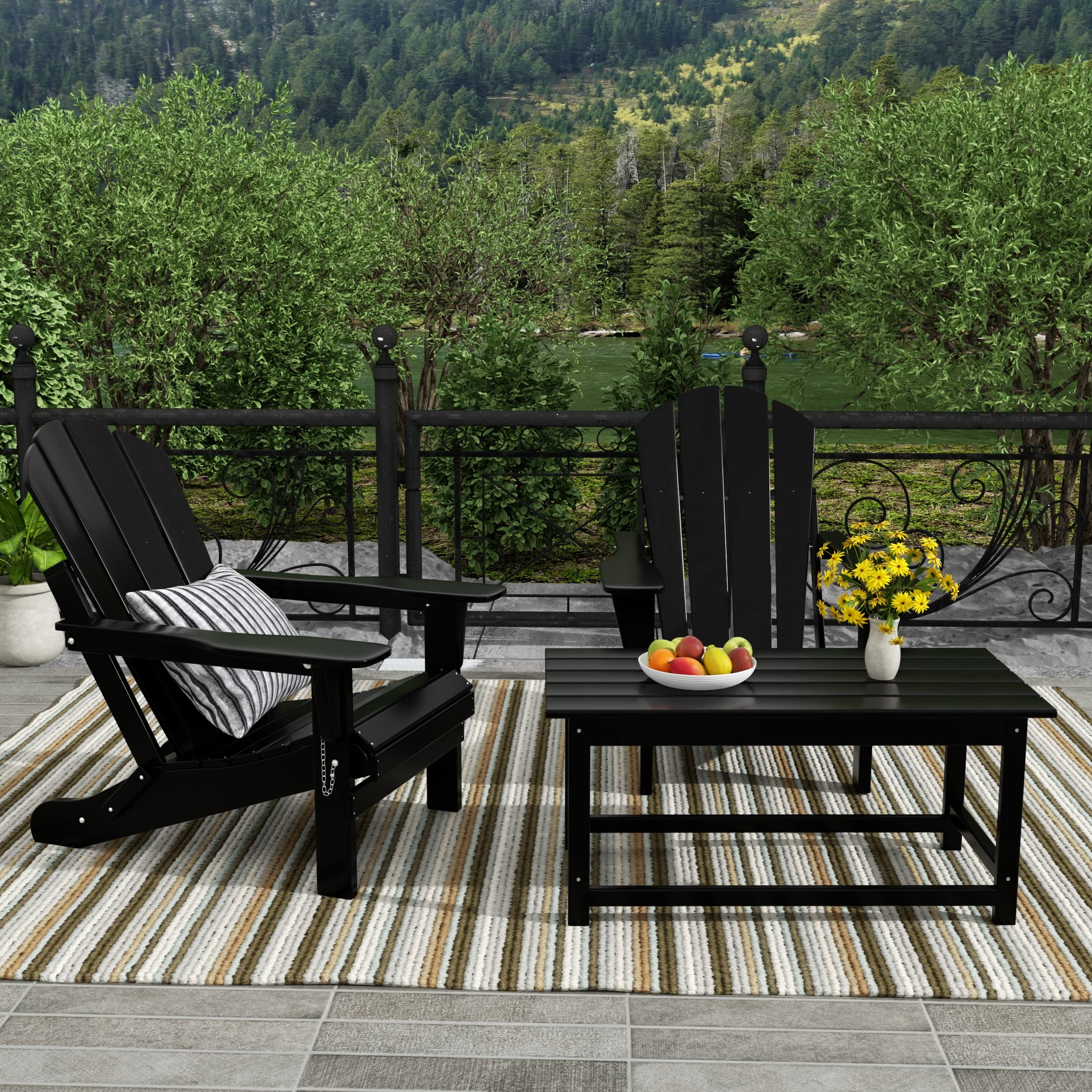 WestinTrends Malibu 3-Piece Outdoor Patio Furniture Set - All-Weather Plastic Adirondack Chairs (Set of 2) with Coffee Table for Porch, Lawn, Backyard & Garden - Durable Black Outdoor Seating for Relaxing & Entertaining