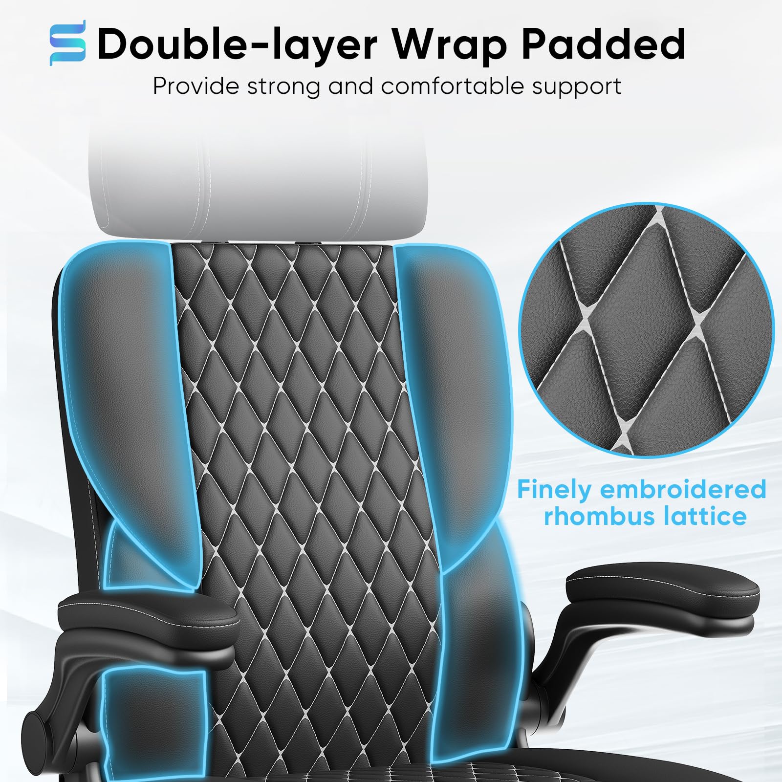 Premium Executive Leather Office Chair - Adjustable Headrest, Flip-Up Padded Arms & Lumbar Support - Ergonomic Swivel Desk Chair with Height & Tilt Adjustment - Black - Perfect for Home Office, Conference Rooms & Executive Suites