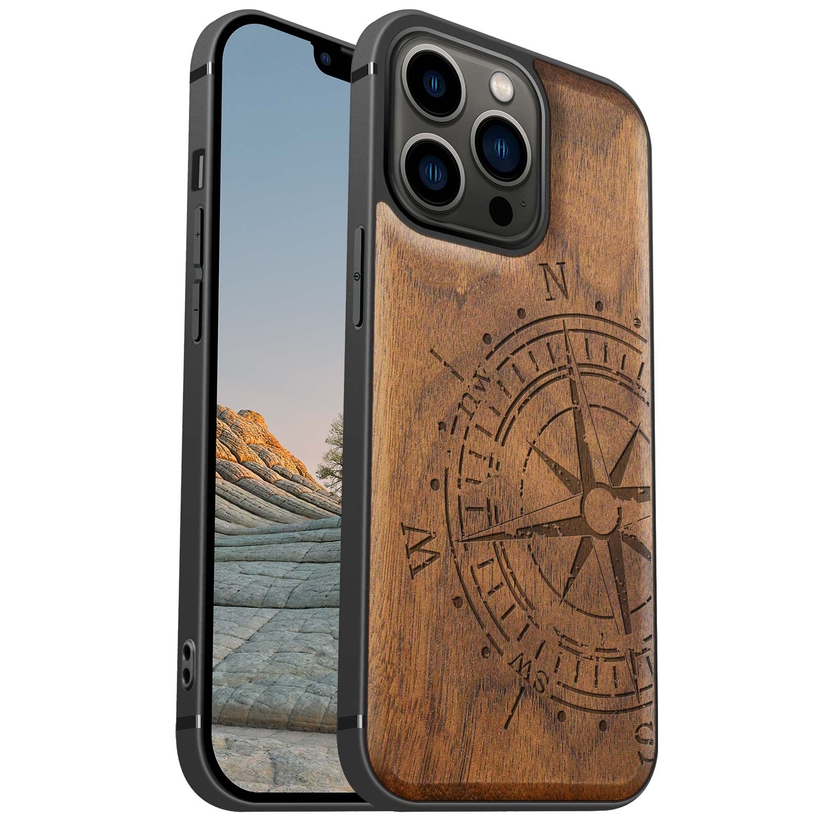 Carveit Magnetic Wood Case for iPhone 13 Pro - Shockproof Hybrid Cover with Real Hard Wood & Soft TPU - MagSafe Compatible - Vintage Compass Walnut Design - Perfect for Outdoor Adventures & Business Meetings