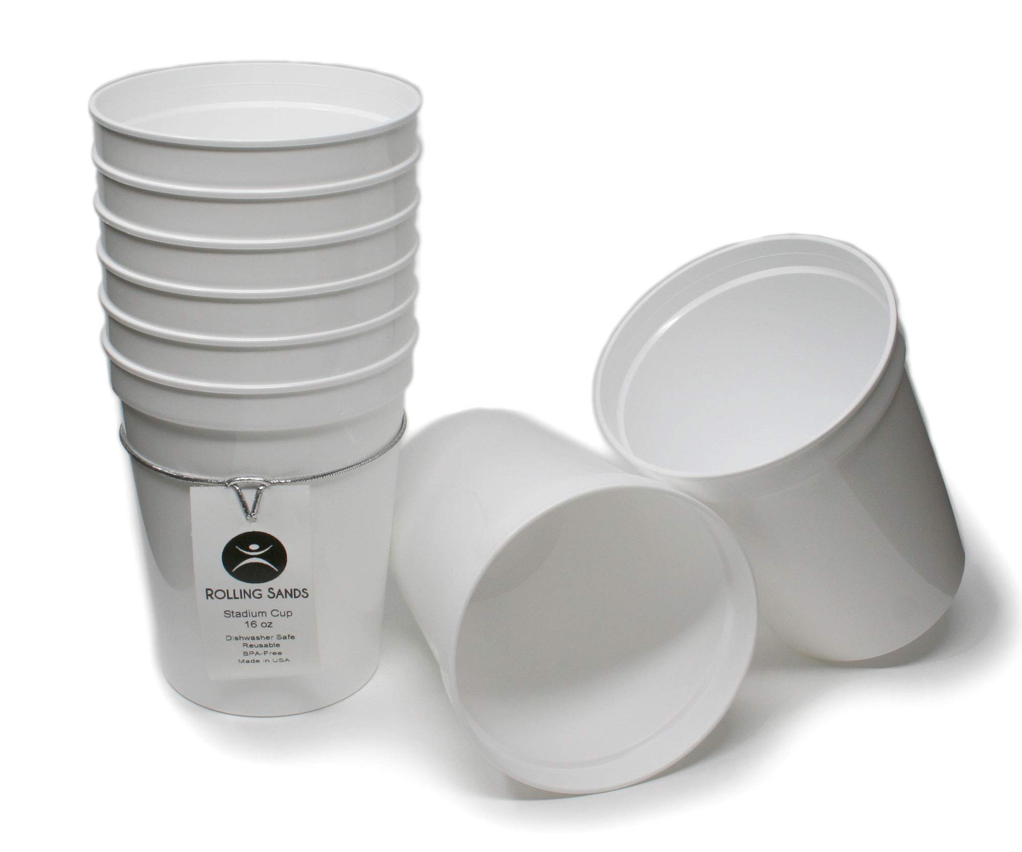 Rolling Sands 16 oz. Reusable Plastic Stadium Cups - 8 Pack BPA-Free Dishwasher Safe Tumblers - Made in USA - White - Perfect for Parties, BBQs, Sports Events & Outdoor Gatherings