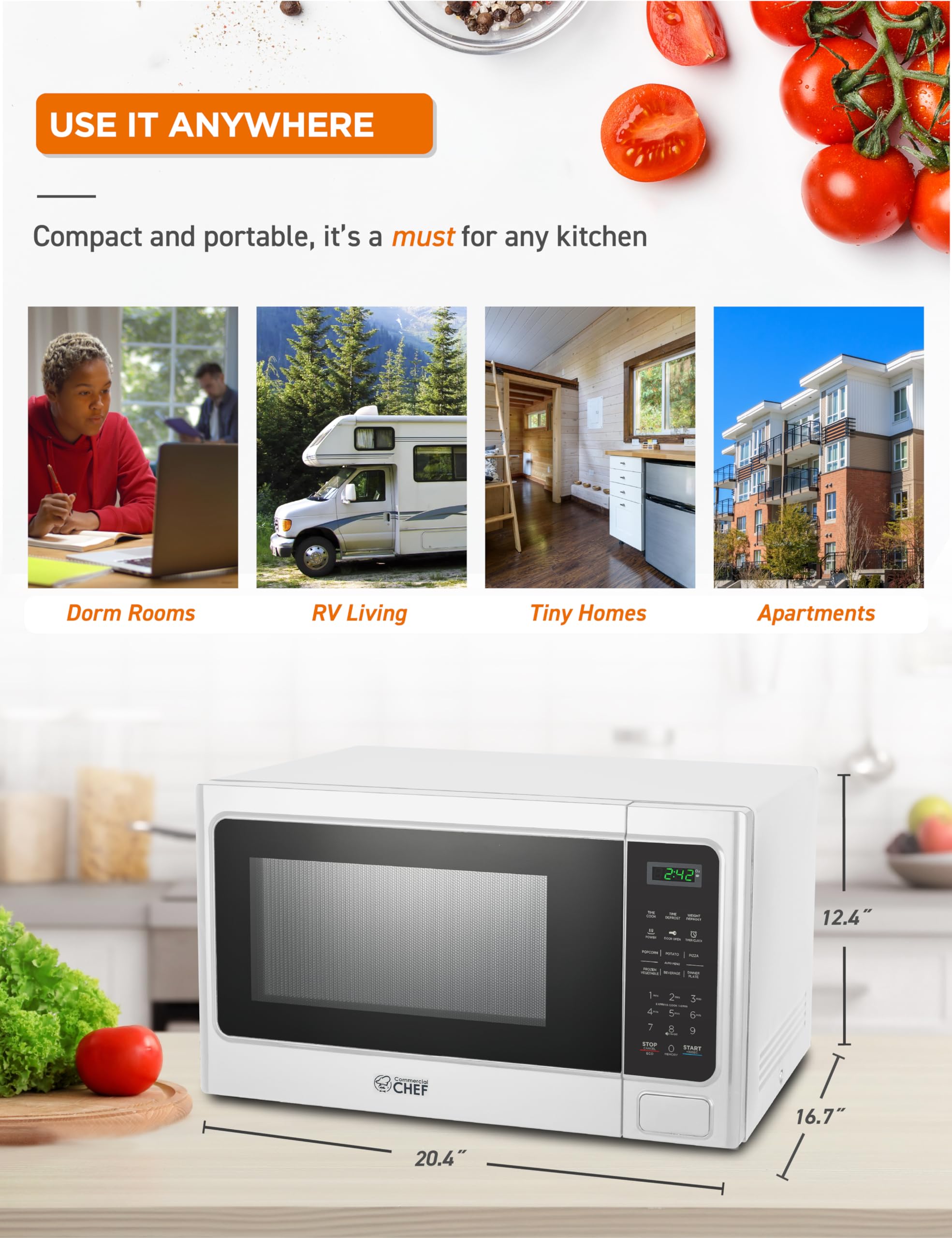 Commercial Chef 1.3 Cu Ft 1000W Countertop Microwave with 10 Power Levels, Push Button Door Lock, Digital Controls & Timer - Perfect for Home Kitchen, Office, Dorm Rooms & Small Spaces (White)