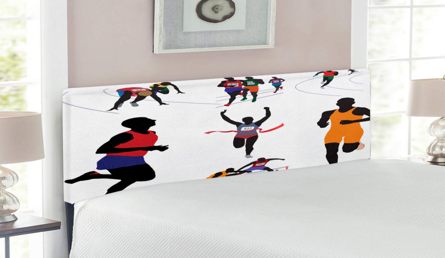 Lunarable Olympics Themed Headboard - Runners in Campus Illustration, Fitness & Sporty Design, Upholstered Decorative Metal Bed Frame with Memory Foam - Queen Size, Black & Multicolor - Perfect for Sports Enthusiasts' Bedrooms & Dorm Decor