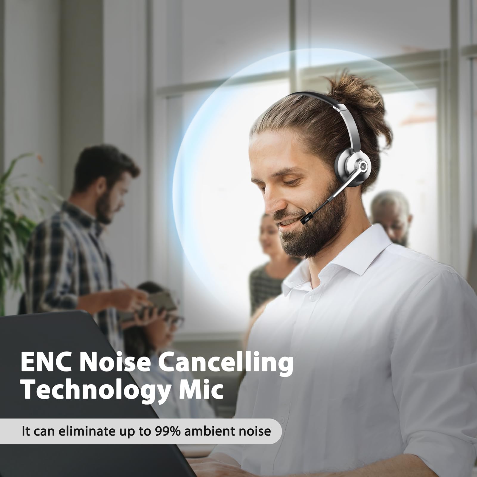 Wireless Bluetooth Headset with Noise Canceling Microphone & USB Dongle - Comfortable Office Headphones with Charging Base & Mute Button for Call Center, Truck Drivers, Remote Work & Business Meetings