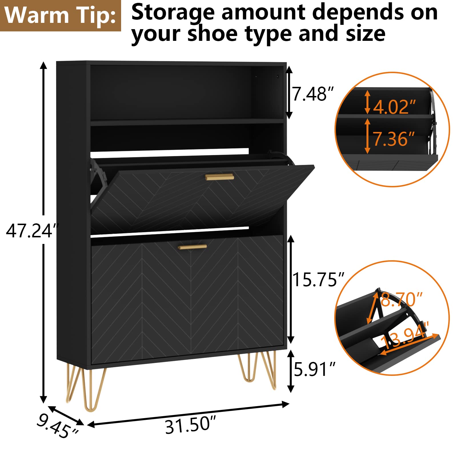 Modern Tipping Bucket Shoe Storage Cabinet with 2 Flip Drawers - Space Saving Entryway Shoe Rack with Storage Top Cubby, Narrow Slim Hidden Organizer with Doors - Freestanding Shoe Cabinet for Small Spaces (Black) | Perfect for Apartments, Hallways & Closet Organization