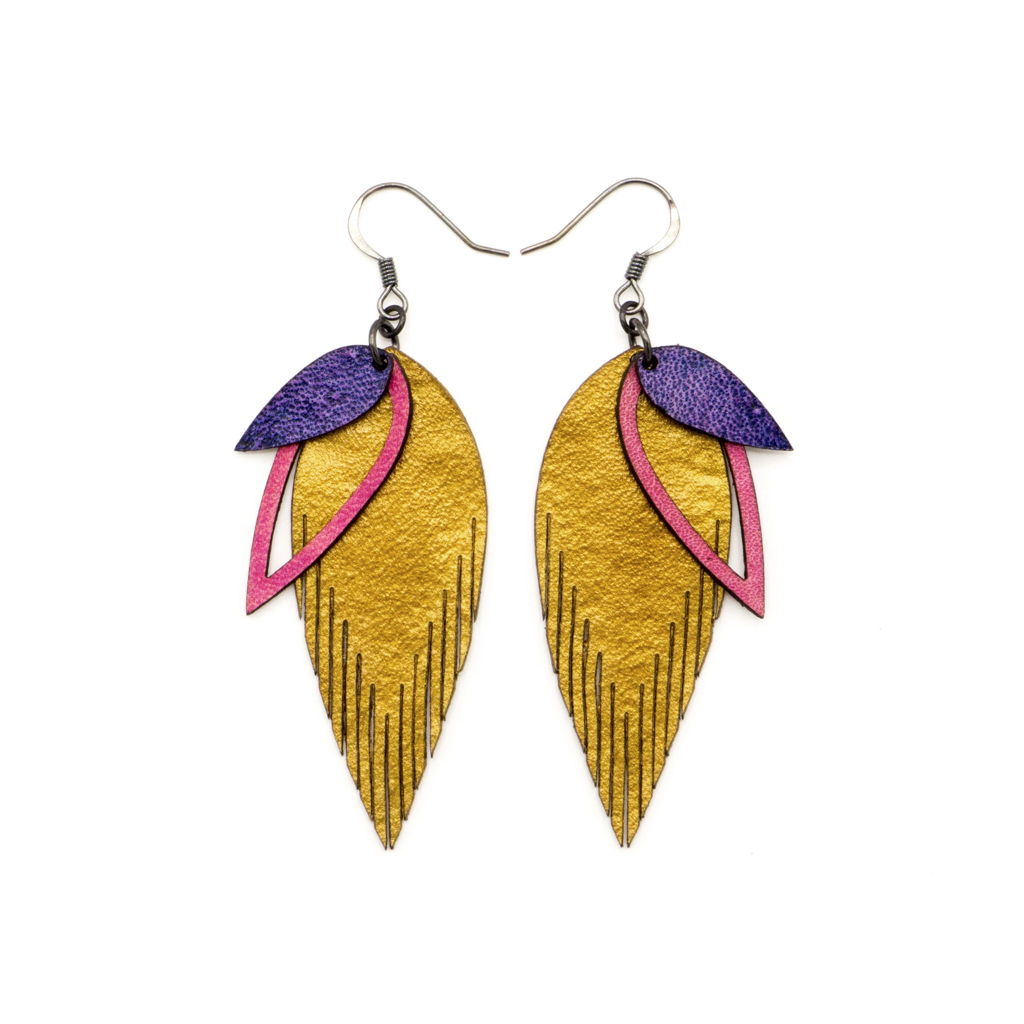 3 Layer Genuine Leather Earrings for Women - Gold, Fuchsia, Purple | Boho Chic Handmade Dangle Earrings | Perfect for Parties, Weddings & Everyday Wear