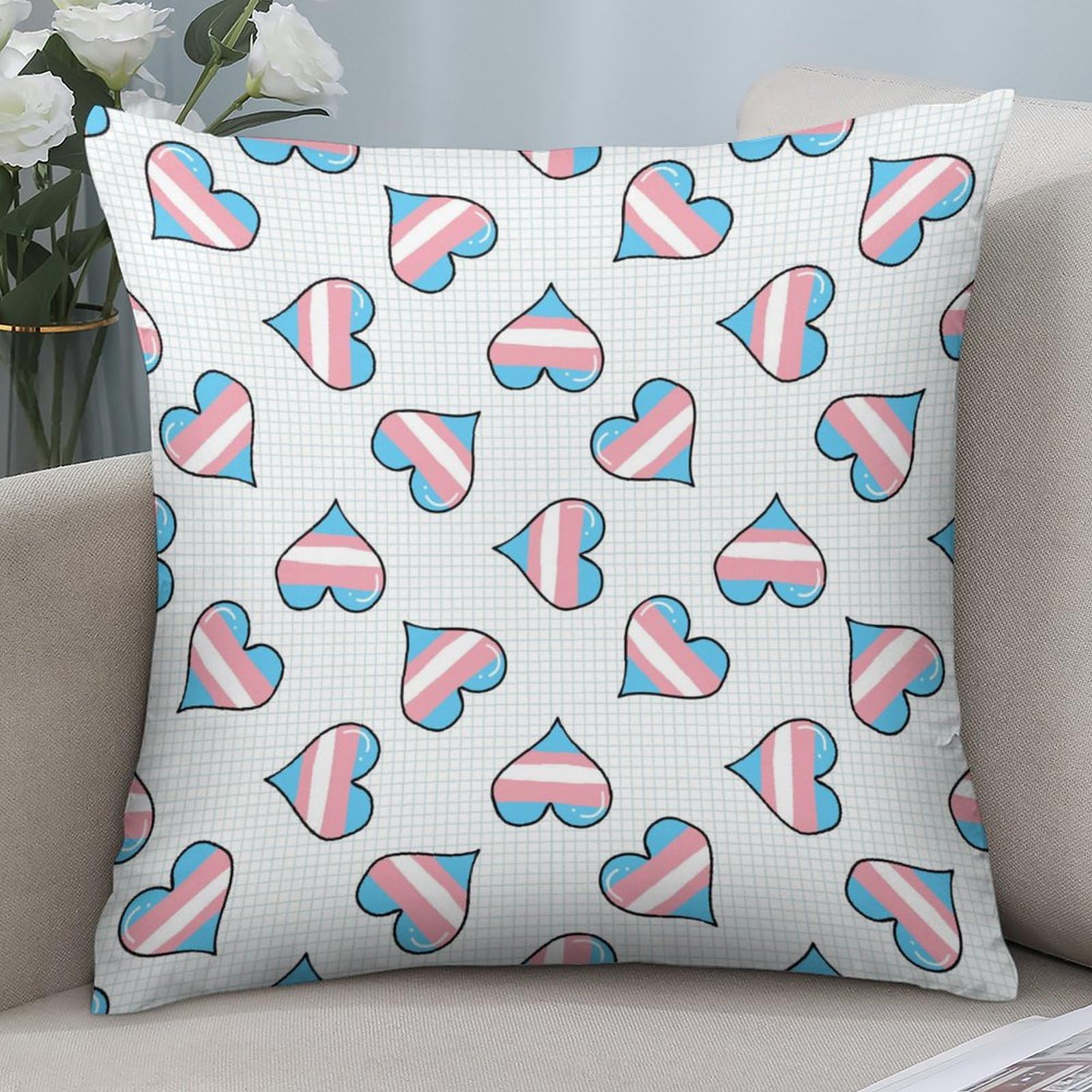 Soft Transgender Heart Polyester Pillow Cases - 14x14 Inch Cushion Covers for Sofa, Bed & Decor - LGBTQ+ Pride Home Accessories for Living Room, Dorm or Gift