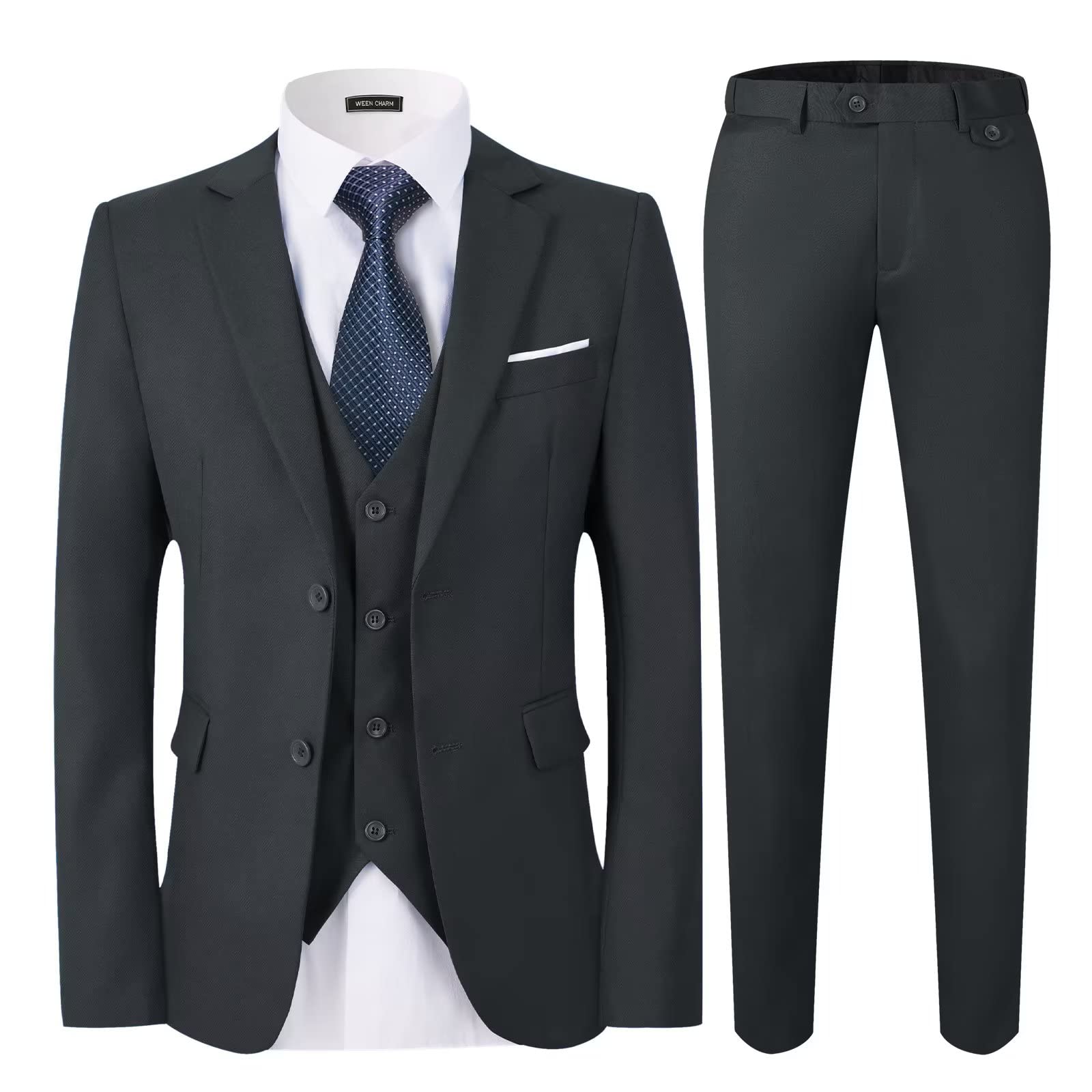 WEEN CHARM Men's Slim Fit 3-Piece Suit Set - 2 Button Blazer, Vest & Pants with Tie - Formal Tuxedo for Weddings, Business & Special Occasions