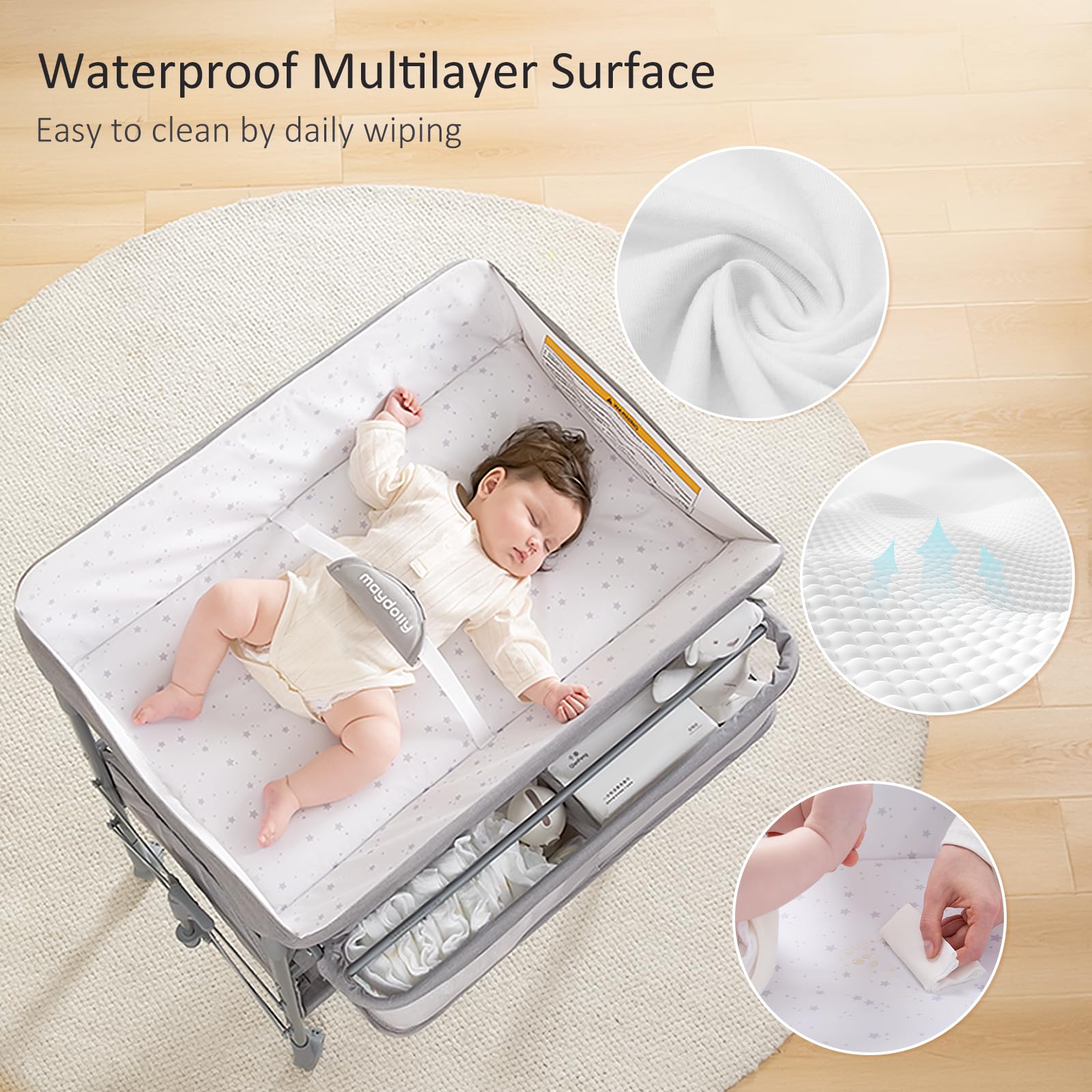 Maydolly Portable Baby Changing Table with Wheels - Adjustable Height, Waterproof Diaper Changing Station & Nursery Organizer - Foldable Design for Newborns & Infants (Grey) - Perfect for Nursery, Bedroom, and Travel Use