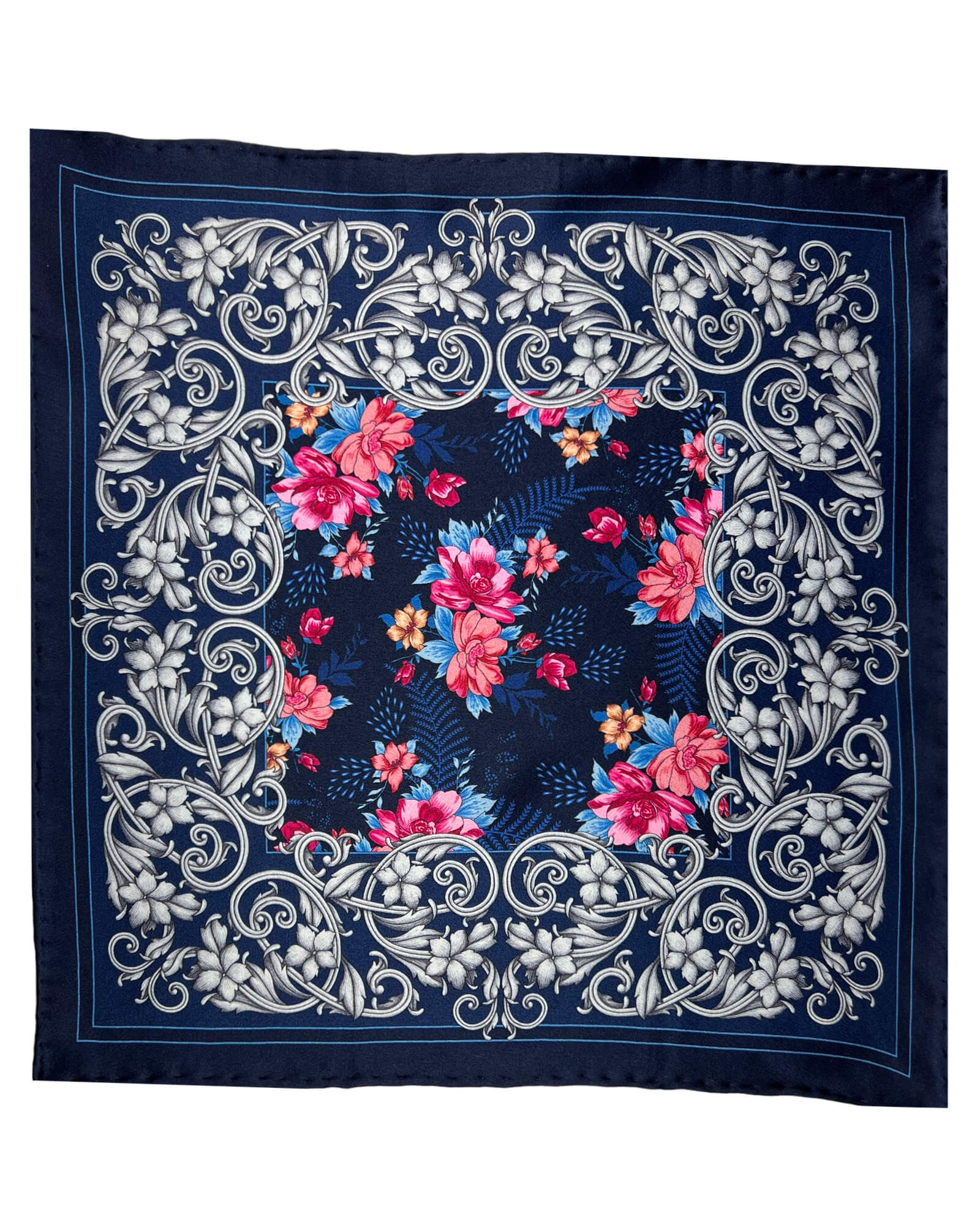 Silvio Fiorello Buccheri Blue Floral Pocket Square - Elegant Men's Accessory for Weddings, Business & Formal Events