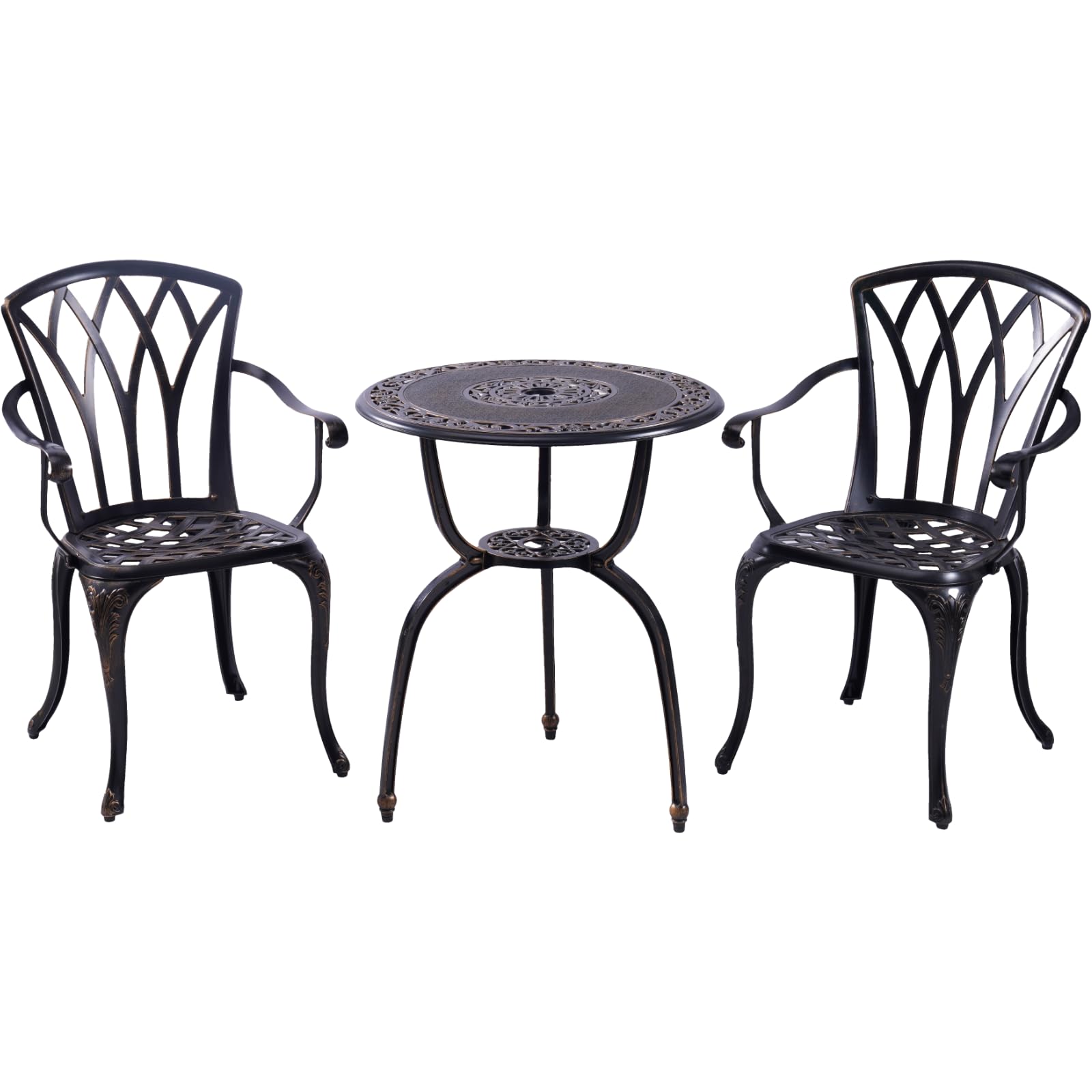 3-Piece Outdoor Cast Aluminum Bistro Set with Umbrella Hole & Armrests - Patio Dining Table & Chairs for Garden, Yard, Villa, Front Porch - Perfect for Outdoor Entertaining & Relaxation (Copper)