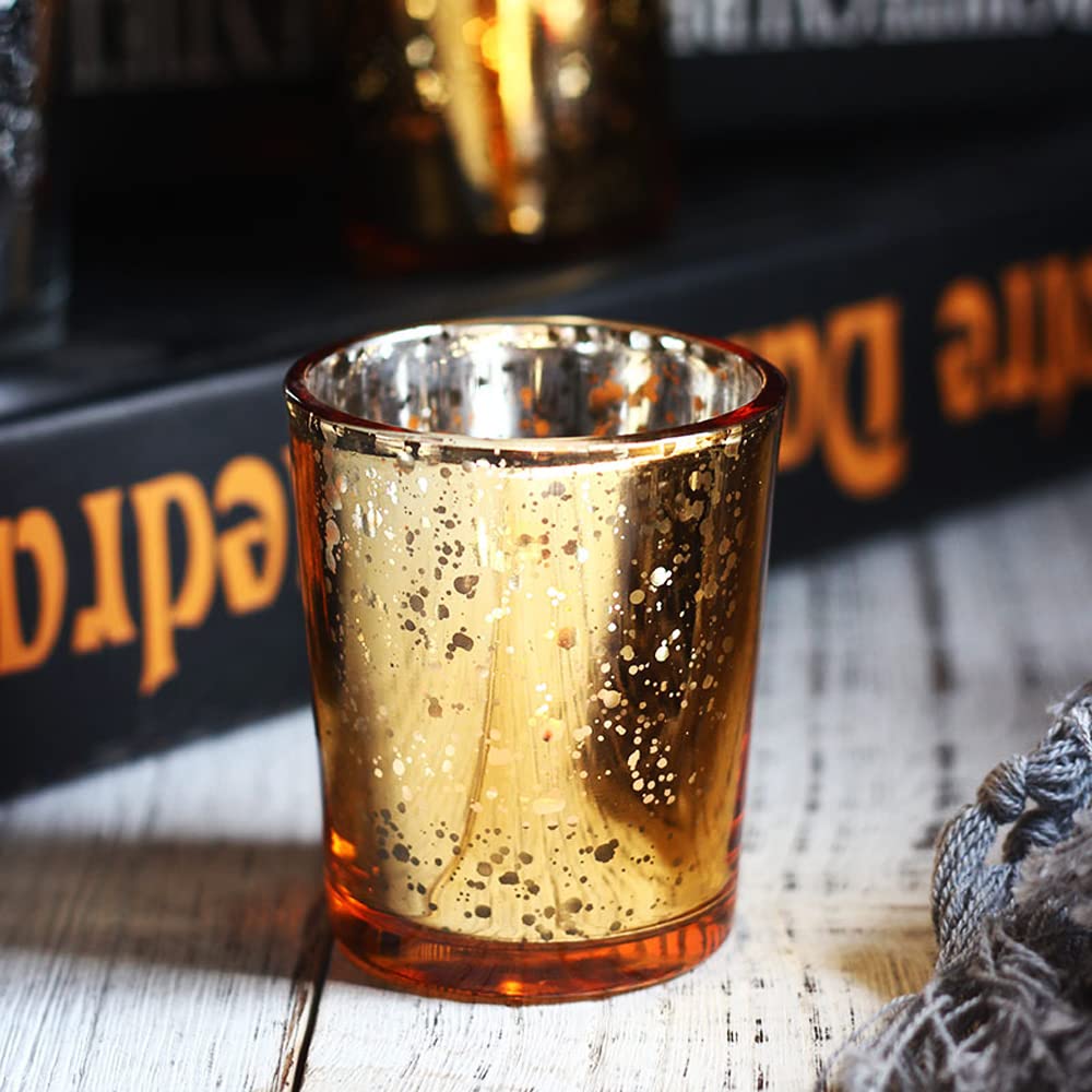 4PCS Glass Speckled Mercury Candle Holders with Floating Candles - Gold Votive Tealight Holders for Wedding Centerpieces, Party Decorations, Romantic Dinners & Home Ambiance Lighting