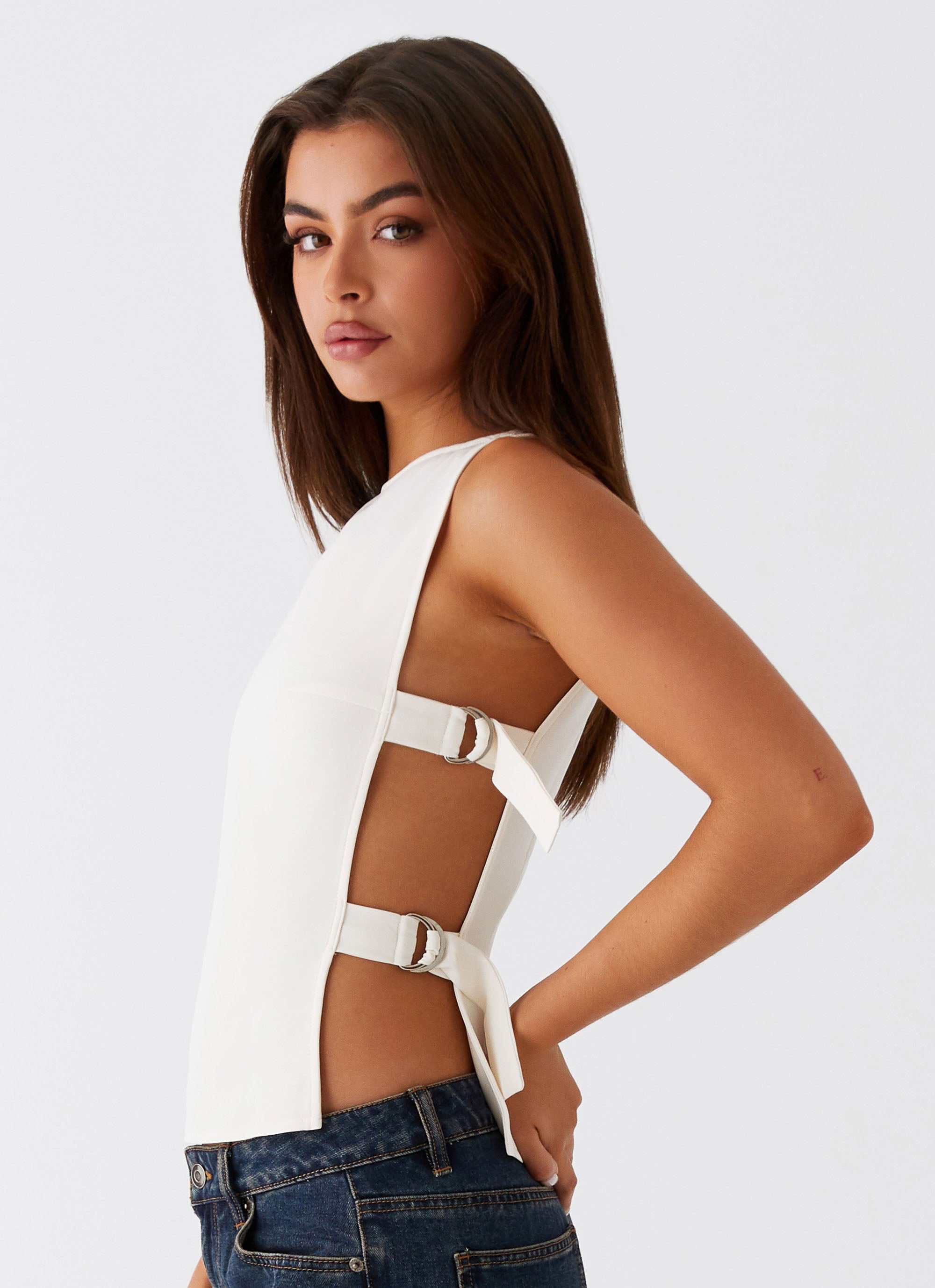 Cherish You Buckle Top Women's White Blouse - Perfect for Casual Outings, Office Wear & Date Nights