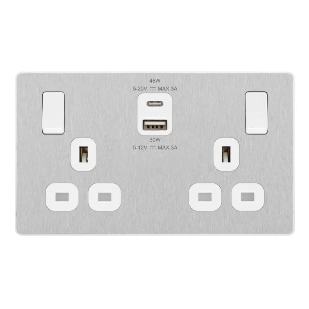BG Evolve Brushed Steel 13A Double USB Socket Outlet - 45W USB A+C Ports Fast Charging (PCDBS22UAC45W) - Perfect for Home, Office & Hotel Room Power Needs