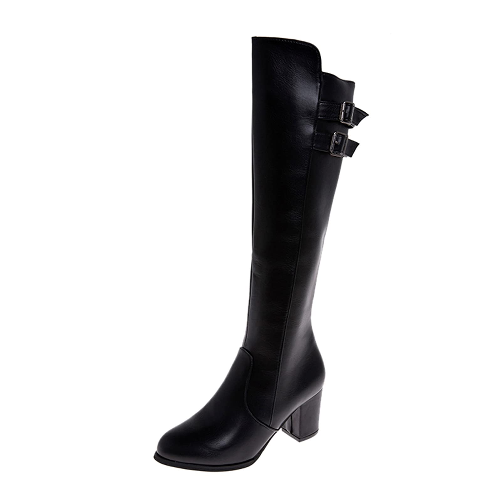 Women's White Cowboy Boots with Belt Buckle - Fashionable Knee-High Western Boots with Thick Heel for Everyday Wear & Country Style Outfits
