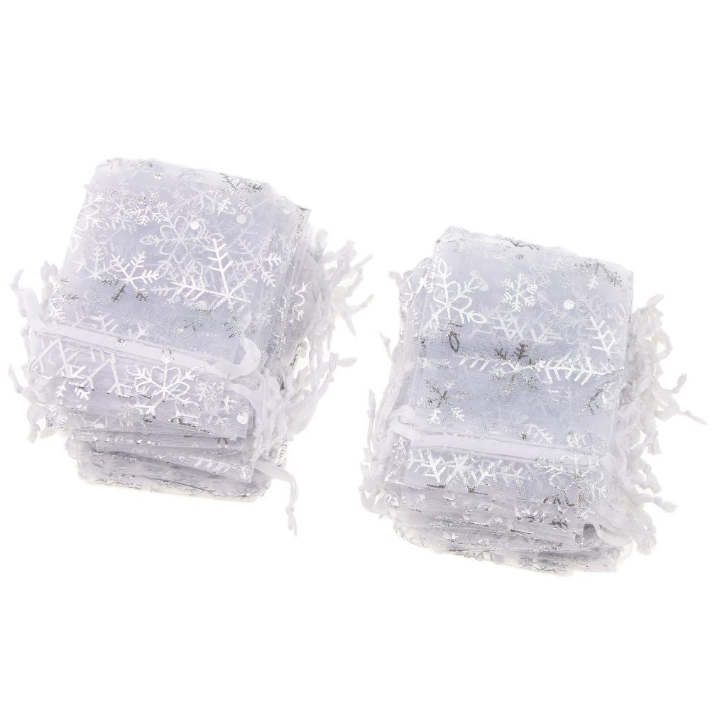 100pcs White Snowflake Organza Drawstring Gift Bags - 13x18cm Jewelry Pouches for Christmas, Wedding Favors & Party Decorations - Perfect for Holiday Gifting, Bridal Shower Favors and Small Item Storage