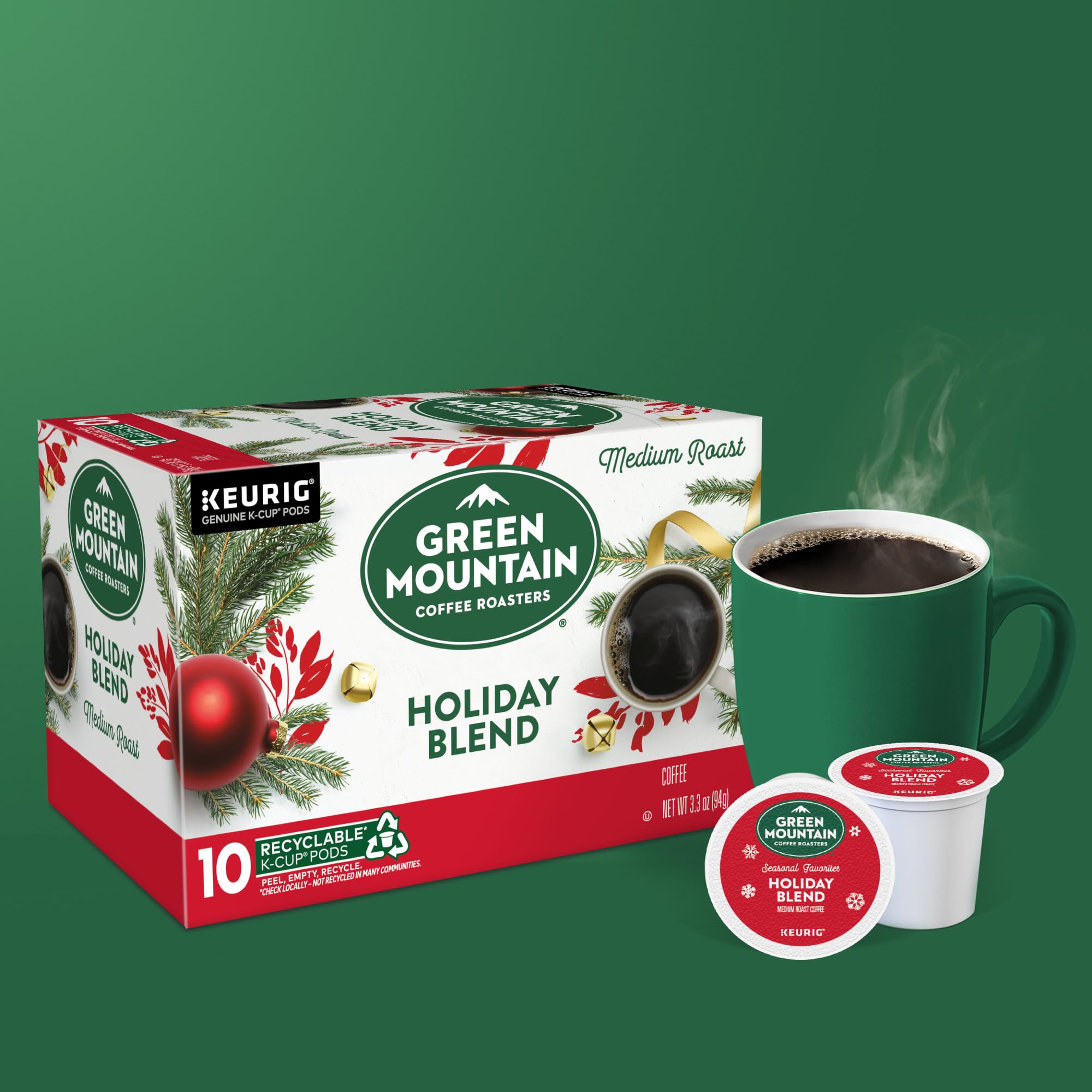 Green Mountain Coffee Roasters Holiday Blend K-Cups - 10 Count Single Serve Coffee Pods for Keurig Brewers - Perfect for Christmas Morning & Winter Gatherings