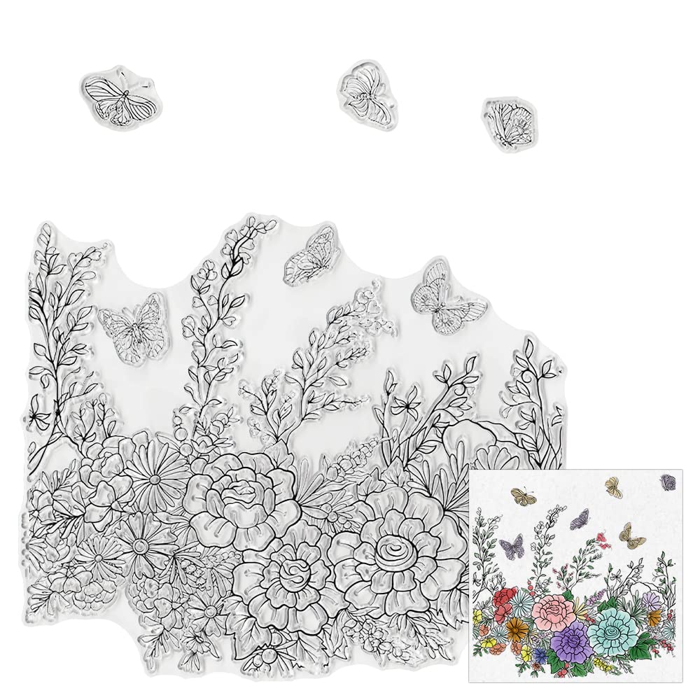 Spring Butterfly Flower Clear Stamps for Card Making - Floral Leaves Rubber Stamps with Transparent Background for DIY Scrapbooking, Photo Albums & Journaling - Perfect for Handmade Greeting Cards, Wedding Invitations and Craft Projects
