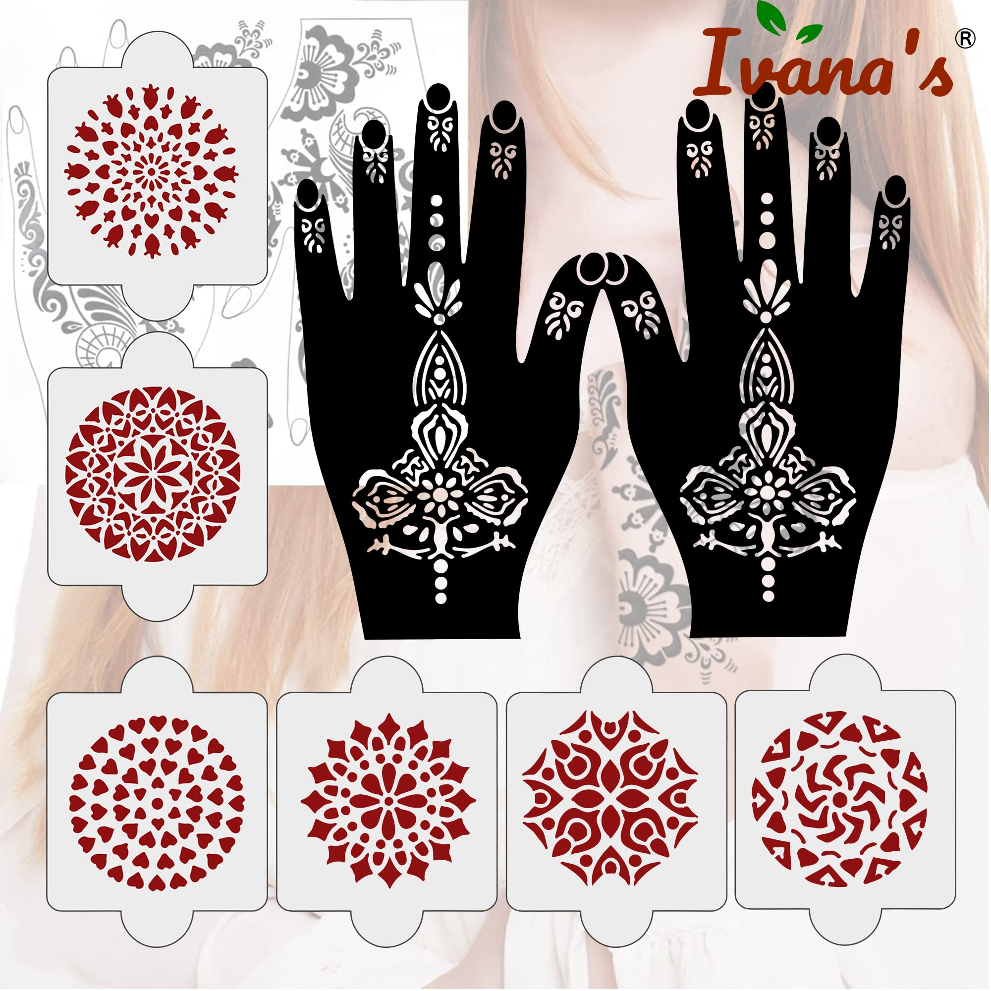 8 Pcs Henna Stencil Tattoo Kit - 2 Henna Stencils + 6 Reusable PVC Laser Cut Templates for Hands | Easy to Apply Mehndi Designs for Women, Girls & Kids | Perfect for Weddings, Festivals & DIY Body Art (IVNH-1012)