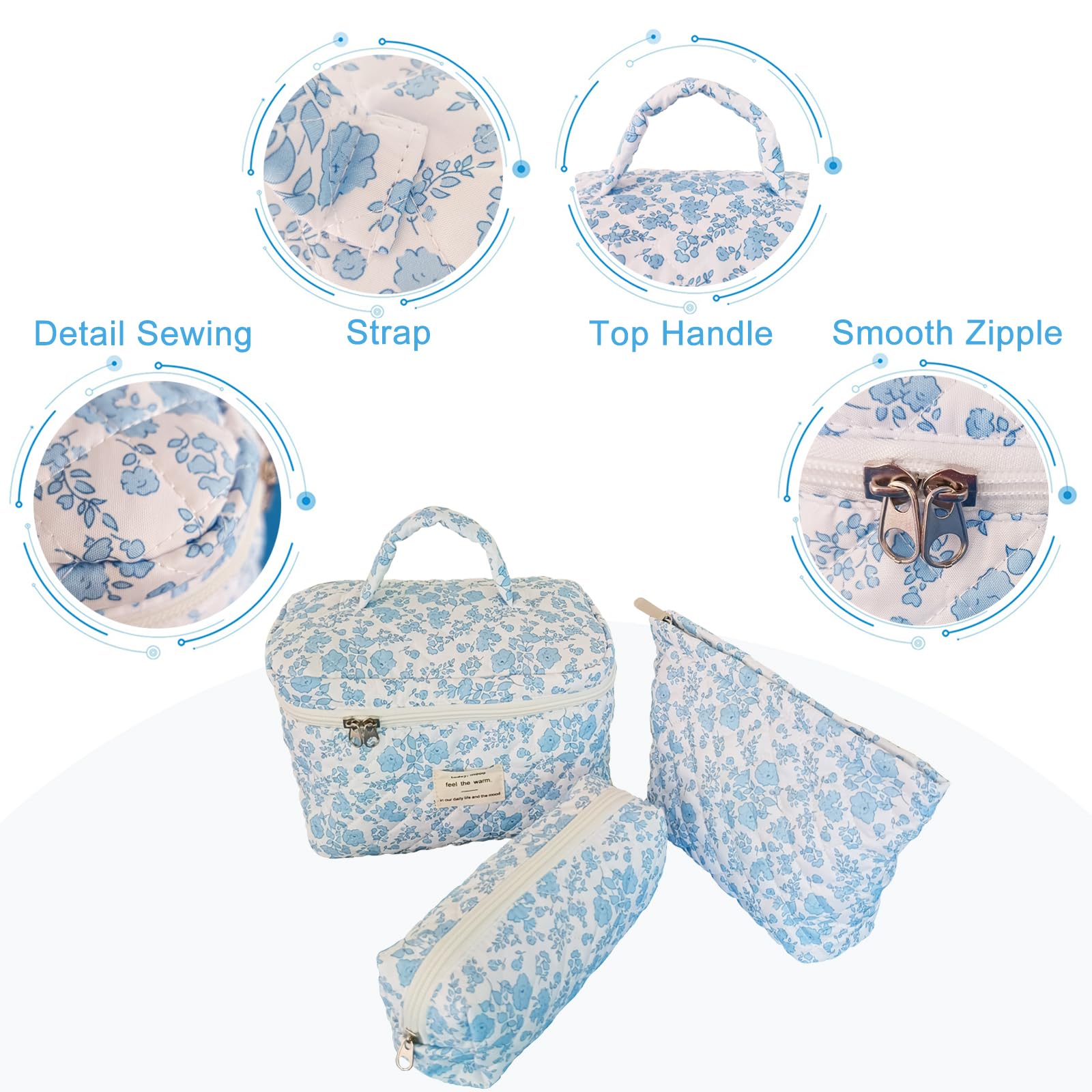 Quilted Makeup Bag Set for Women - 3Pcs Travel Cosmetic Organizer with Skincare Pouch, Floral Design Large Makeup Case for Girls (Blue) | Perfect for Travel, Gym & Daily Beauty Essentials Storage