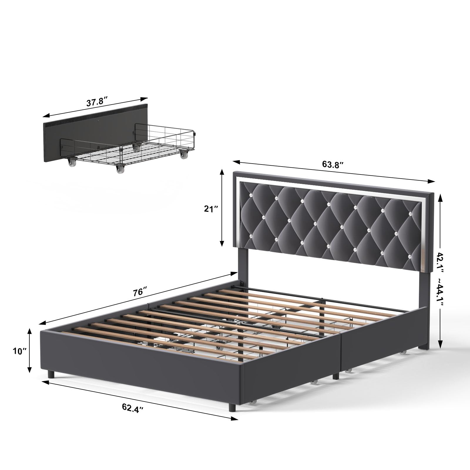 Luxury Monica King Size Velvet Upholstered Bed with Diamond Accents & Mirror Headboard - Wood Slat Support, No Box Spring Needed, Easy Assembly (Gray, Queen) - Perfect for Master Bedrooms & Guest Rooms with 4 Storage Drawers for Extra Organization