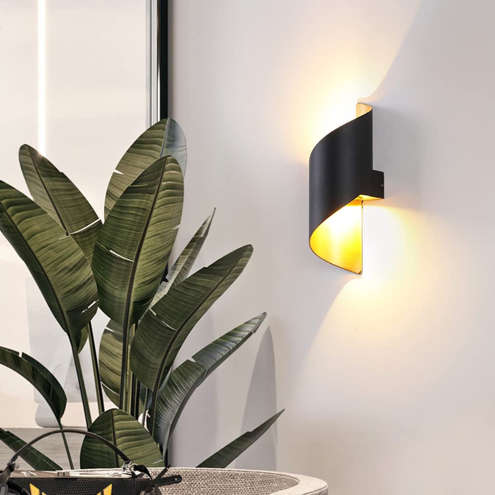 LITFAD Modern Spiral LED Wall Sconce - Black & Gold Metal Decorative Light Fixture with Warm White Glow (110V-120V) for Bedroom, Living Room, Hotel & Restaurant Lighting