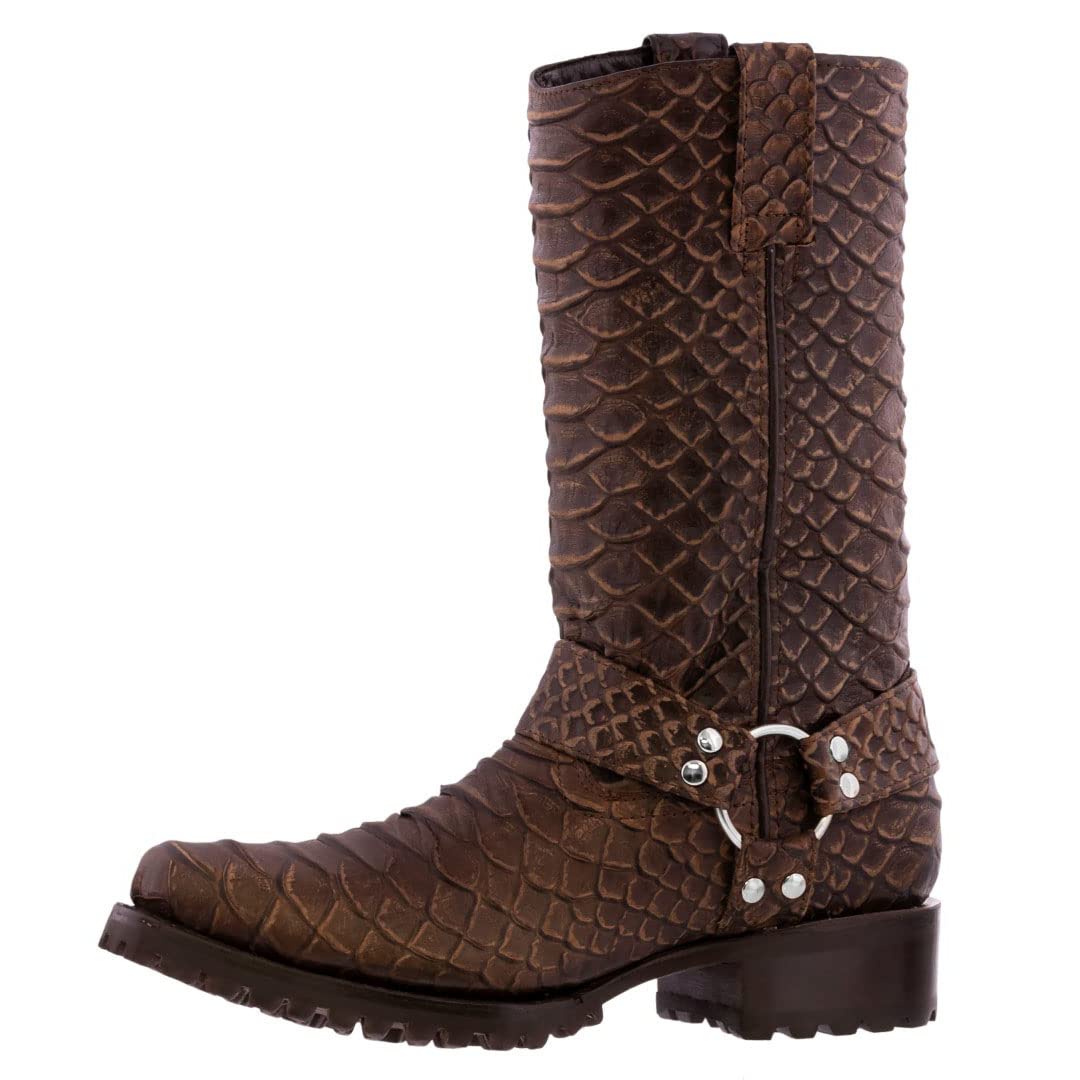 Men's Brown Motorcycle Leather Boots - Cowboy Style with Snake Python Print - Durable Riding & Casual Wear for Bikers & Outdoor Enthusiasts