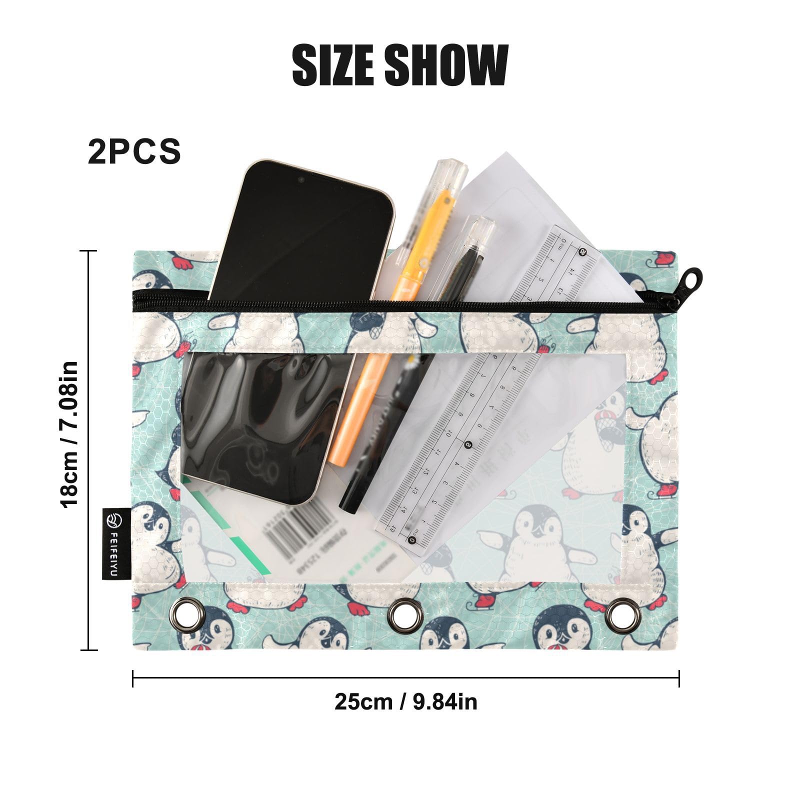 2 Pack Cute Penguins Pencil Pouch with Clear Window & Zipper for 3 Ring Binder - School, Office & College Supplies for Daily Organization