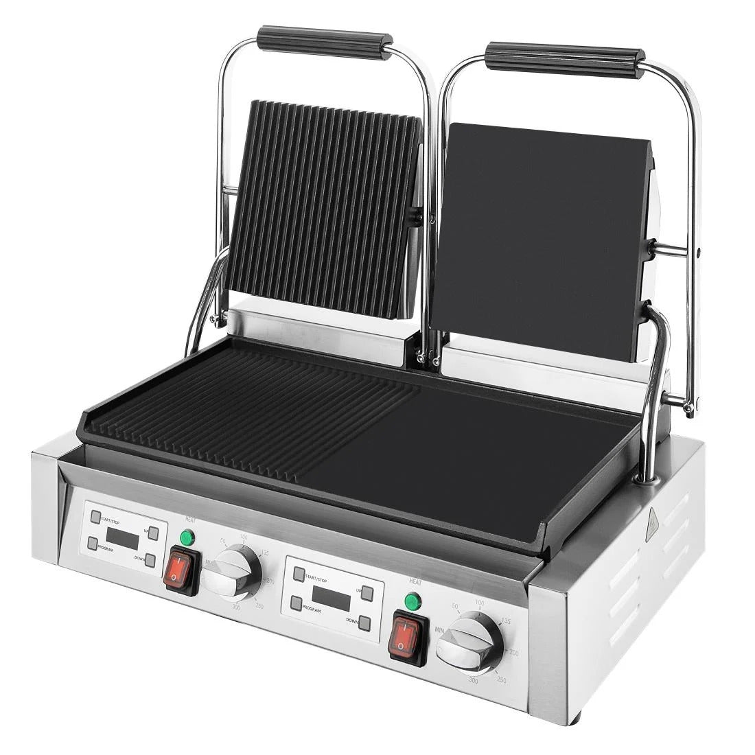 Apuro Double Half Ribbed Contact Grill - Indoor/Outdoor Electric Griddle for Paninis, Sandwiches & More - Perfect for Home, Camping & Restaurants