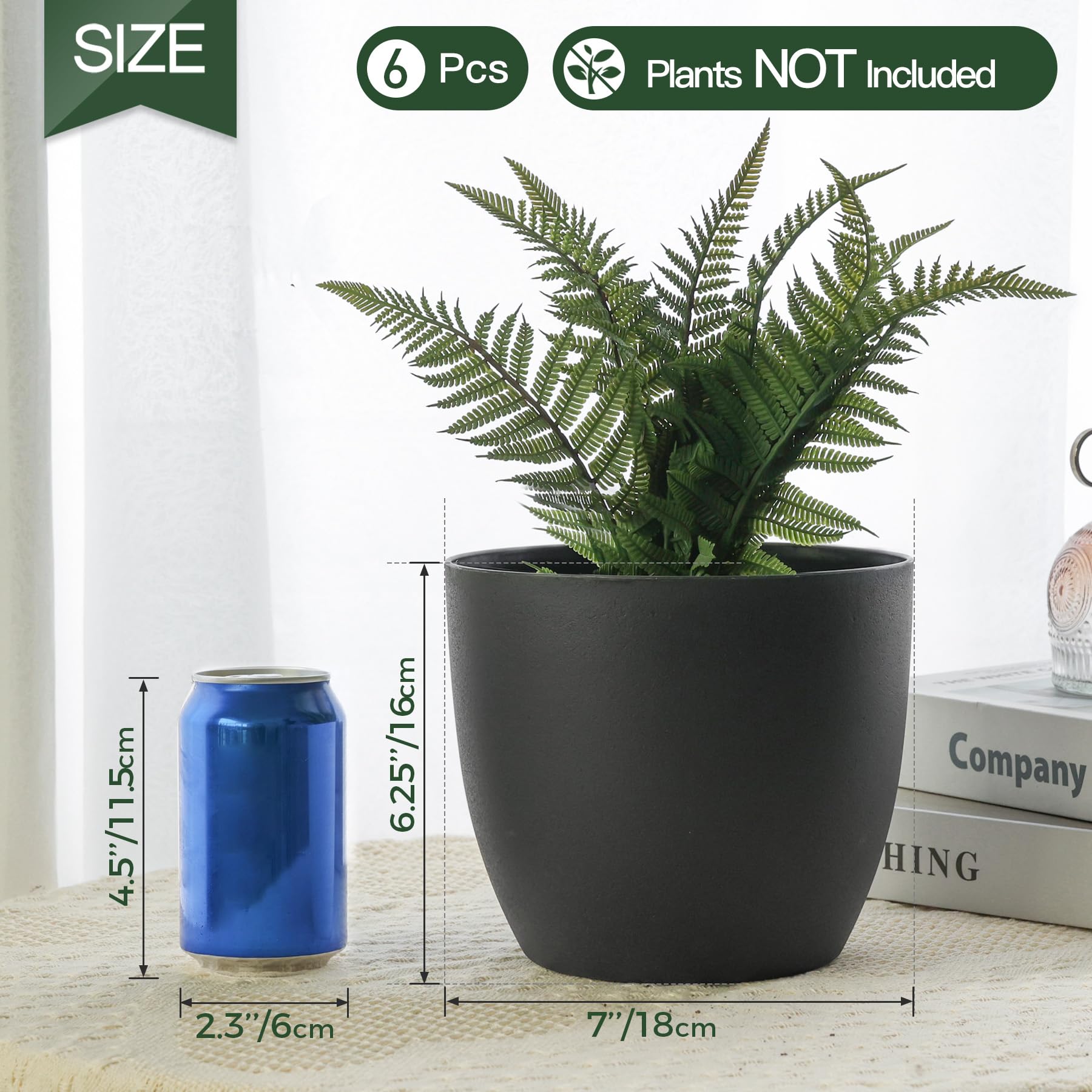T4U 7 Inch Self Watering Planters - Set of 6 Modern Decorative Plastic Flower Pots for Indoor Plants, Herbs, Succulents, African Violets - Black Window Box Planter for Home, Office, Balcony & Garden Decor