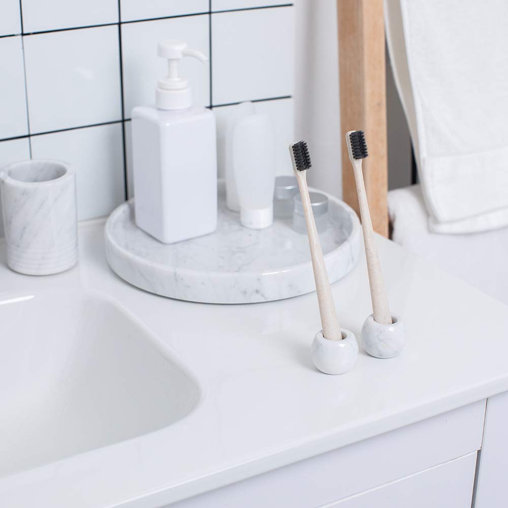 Marble Mini Toothbrush Holder Stand for Bathroom - 2 Pack Divided Toothbrush Organizer with Electric Toothbrush & Razor Storage - Countertop Bathroom Organizer for Brushes, Razors, and Oral Care Essentials