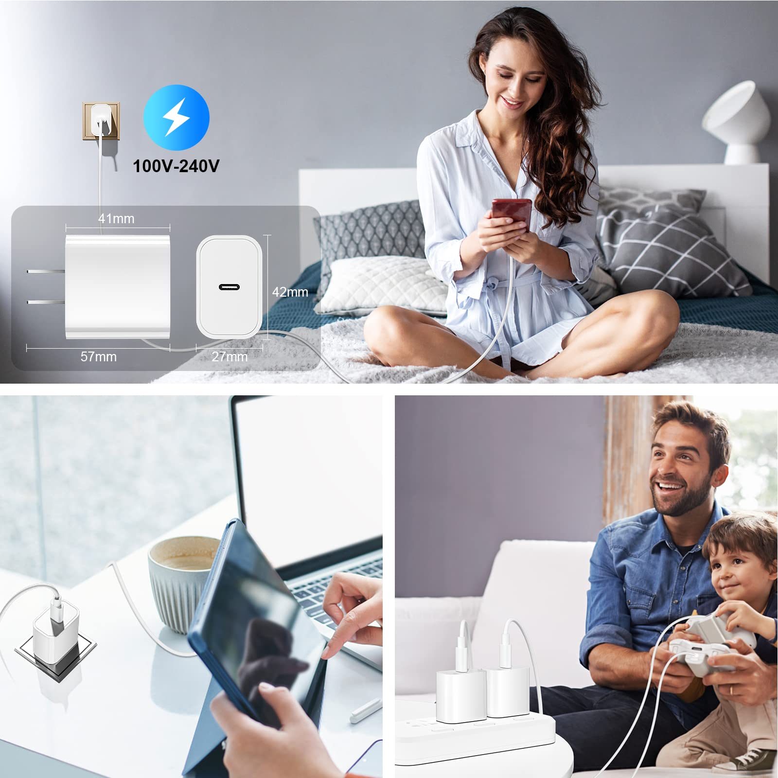 [3-Pack] 20W USB C Fast Charger Block with 6FT USB C to USB C Cable - Compatible with iPad Air 4/5, iPad Mini 6, iPad Pro 12.9 3/4/5/6, iPad Pro 11 (2018-2022), Samsung & LG - Perfect for Home, Office & Travel Charging