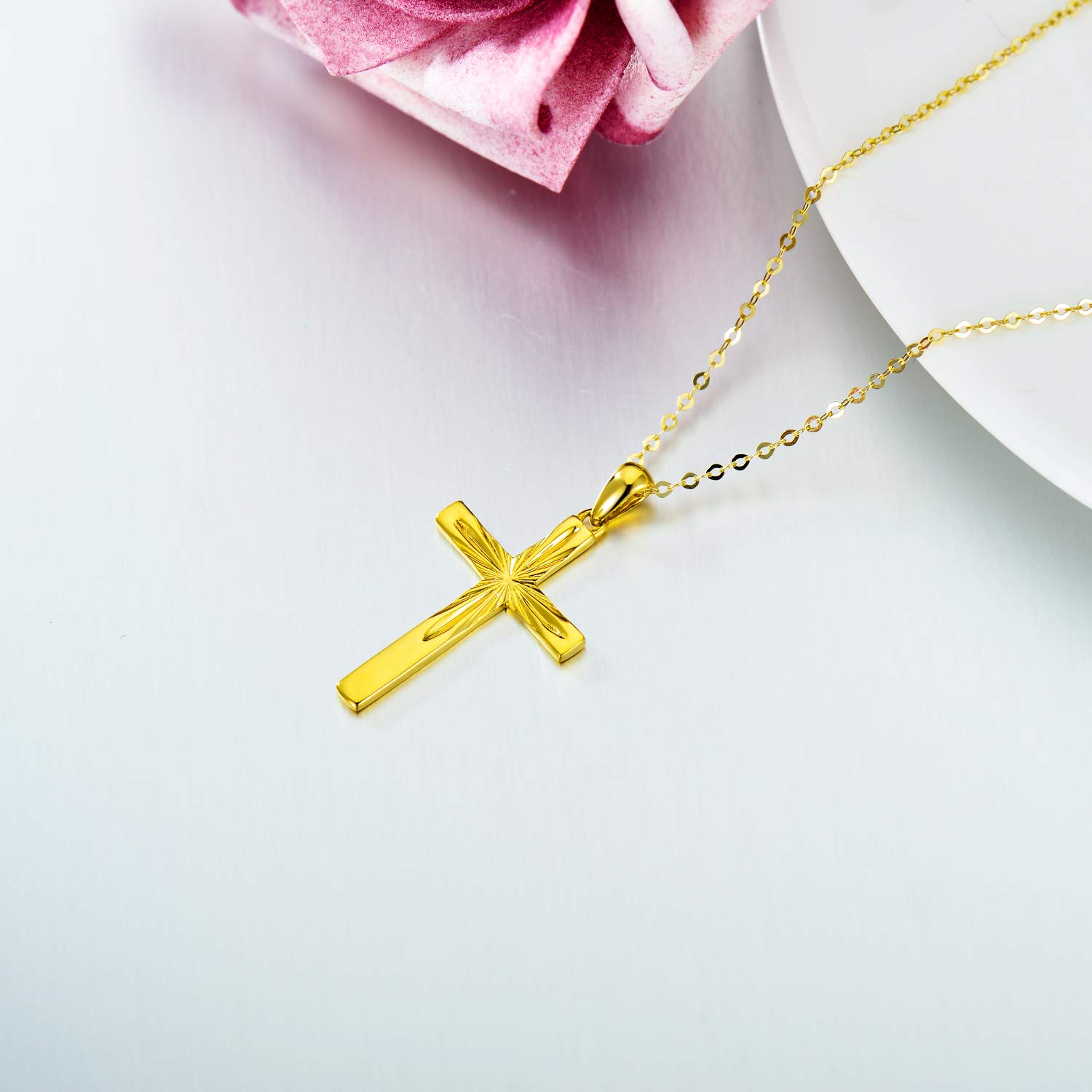 14K Solid Gold Cross Necklace for Women - Delicate Italian Diamond-Cut Religious Pendant Jewelry, 16