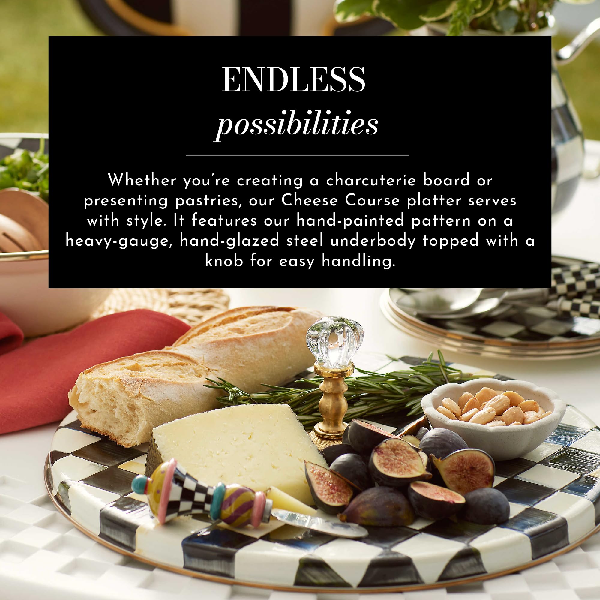 MACKENZIE-CHILDS Elegant Black-and-White Courtly Check Cheese Board Set - Perfect for Charcuterie, Cheese Platters, Wine Pairings & Entertaining Guests at Dinner Parties