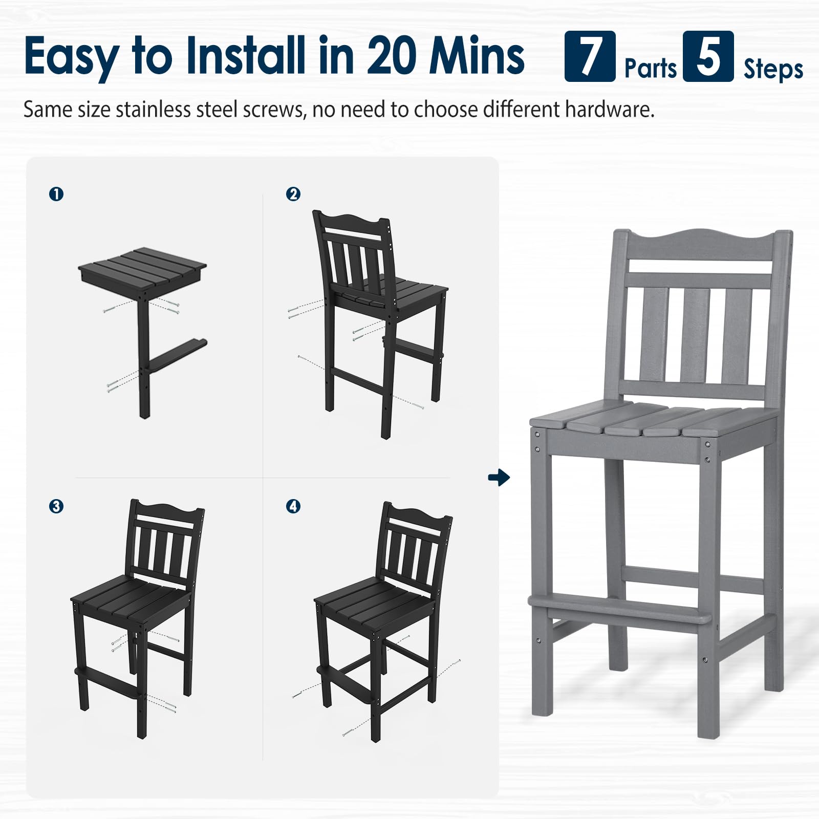 Nalone Outdoor Bar Stools Set of 2 - Weather-Resistant HDPE Adirondack Bar Height Chairs for Patio, Deck, Poolside & Backyard - Grey Bar Stools for Outdoor Dining & Entertaining