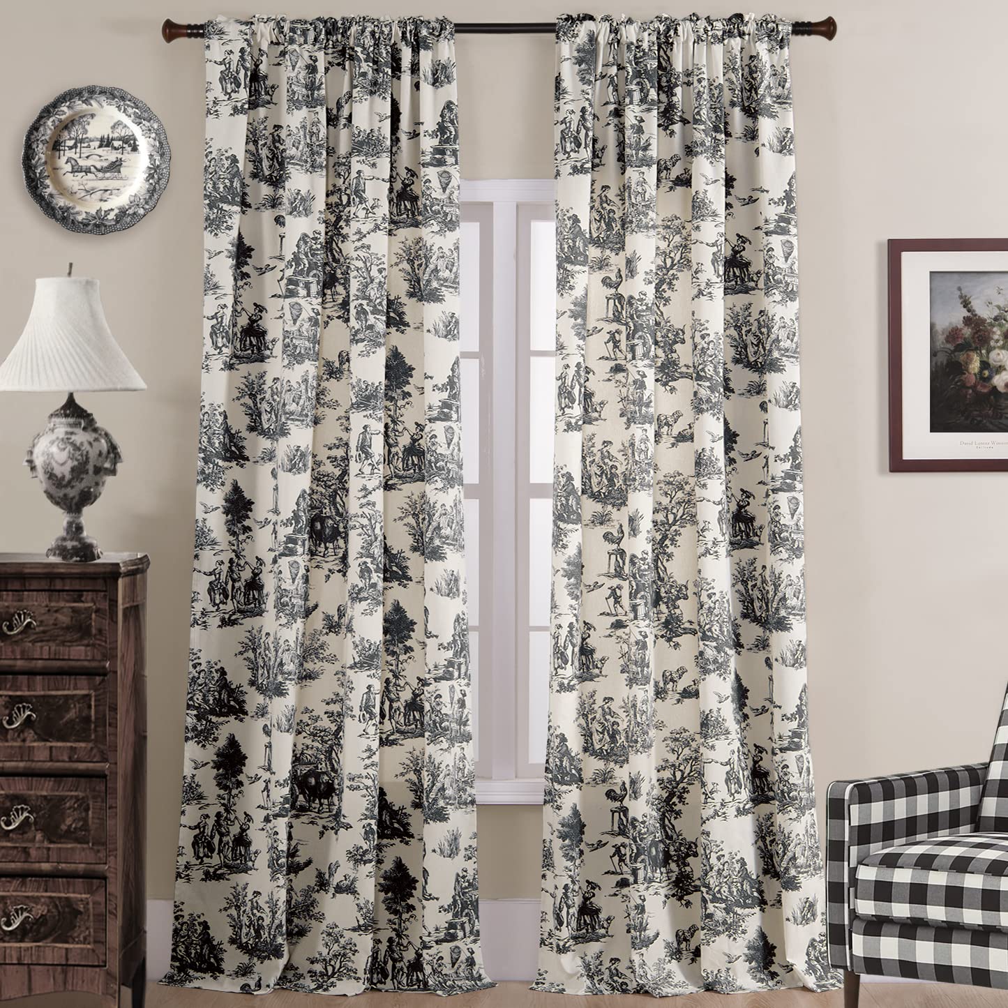 Blackout Curtains 84 Inches Long - Modern Farmhouse Toile Print Semi Blackout Drapes for Living Room & Bedroom, Cream White Cotton Fabric Window Treatments (Set of 2 Panels) - Perfect for Light Control, Privacy & Home Decor