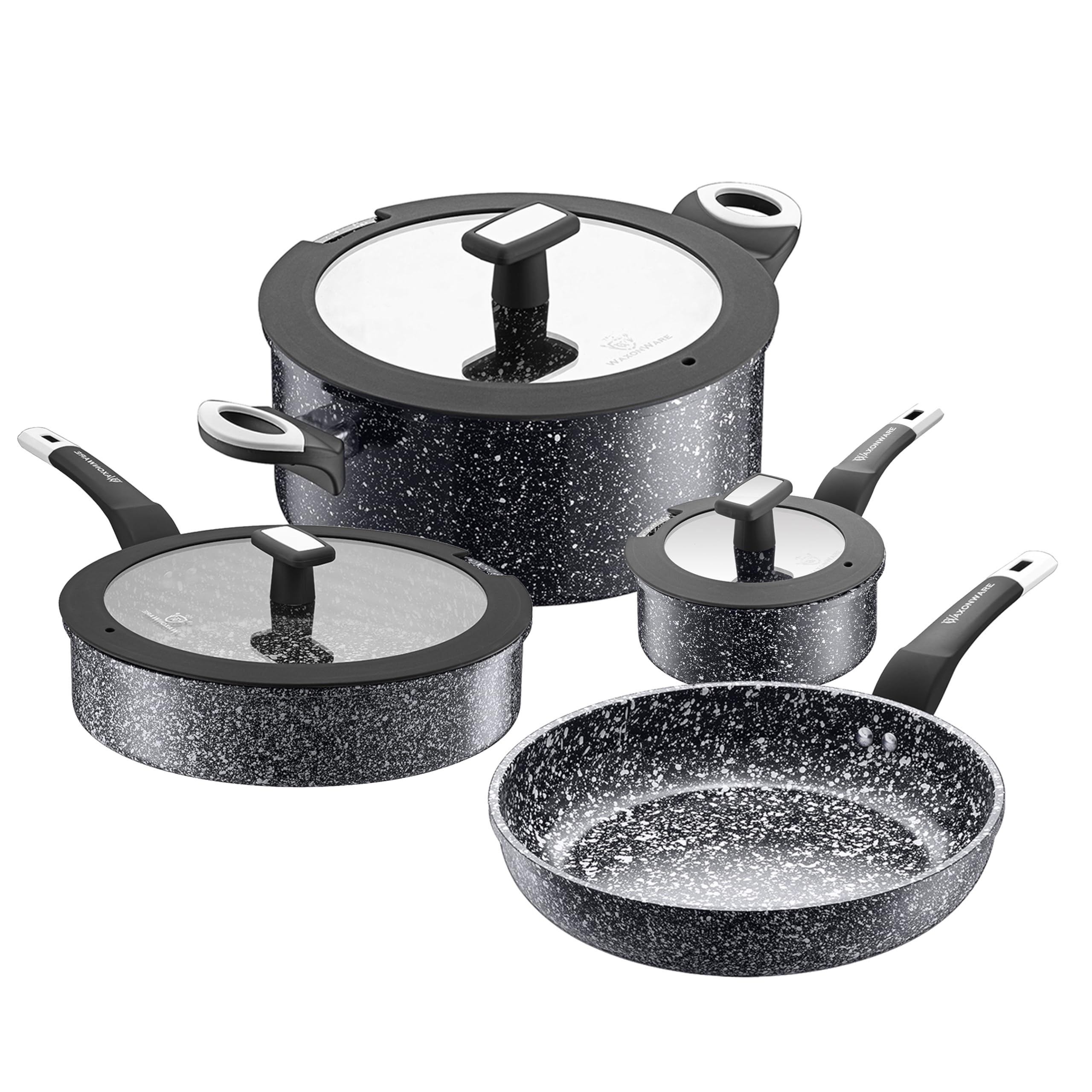 Waxonware 7-Piece Nonstick Cookware Set - Granite Pots and Pans Set, PFOA & PTFE Free, Dishwasher Safe - Stonetec Series for Everyday Cooking, Baking & Frying