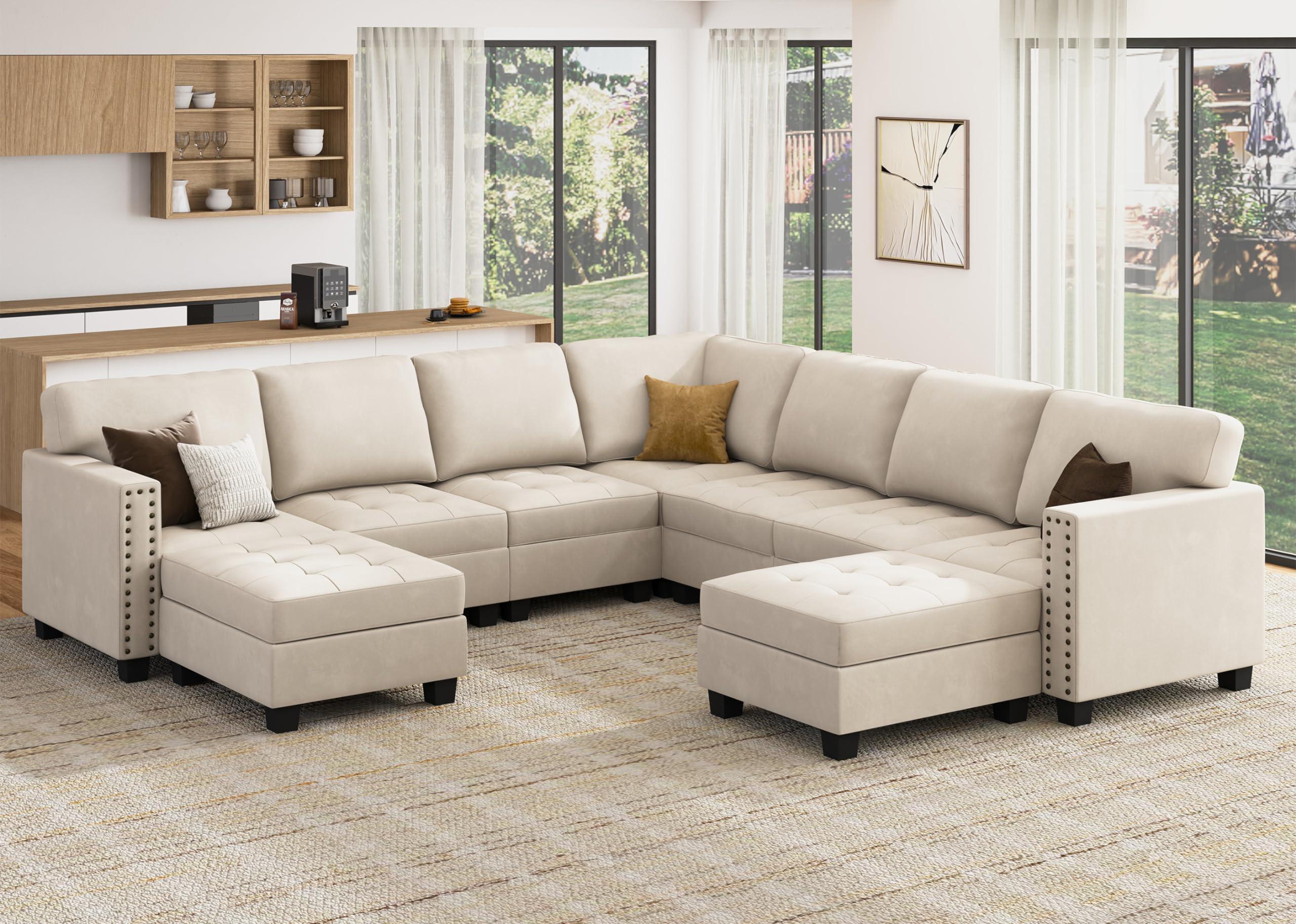 HONBAY Velvet Convertible U-Shaped Sectional Sofa with Chaise & Storage Ottoman - Modular Corner Couch for Living Room, Bedroom, Apartment (Beige) | Modern Comfort for Family Gatherings & Movie Nights